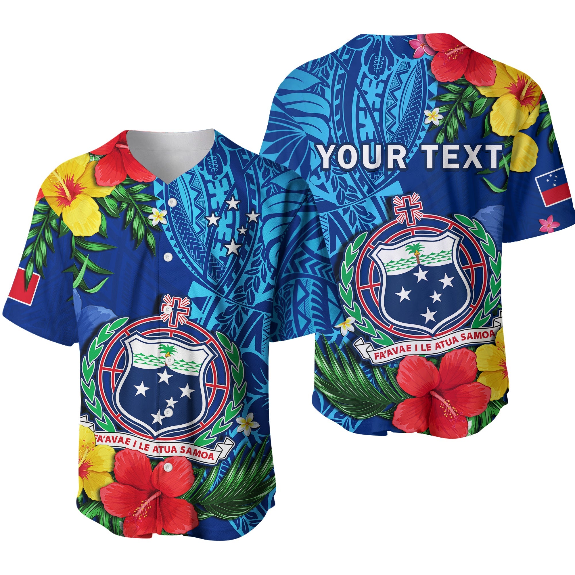 (Custom Personalised) Samoa Baseball Jersey Coat Of Arms Mix Tropical Flowers LT14 Blue - Polynesian Pride