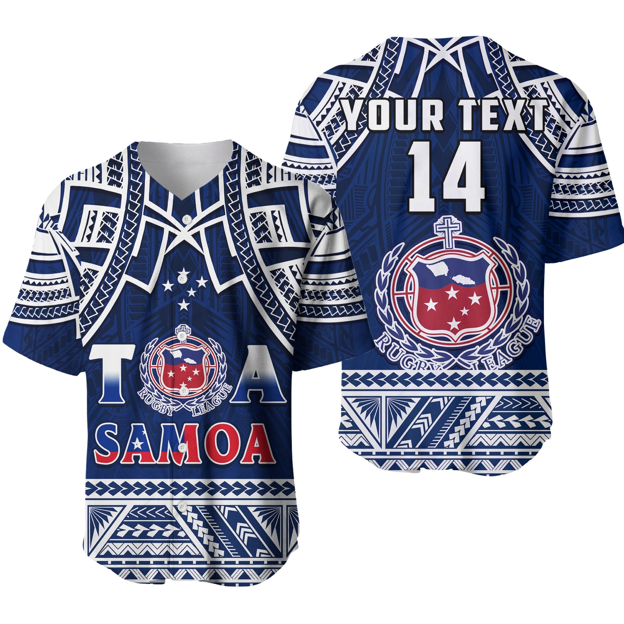 (Custom Personalise Text and Number) Samoa Rugby Baseball Jersey Toa Samoa Pacific Sporty LT14 Blue - Polynesian Pride