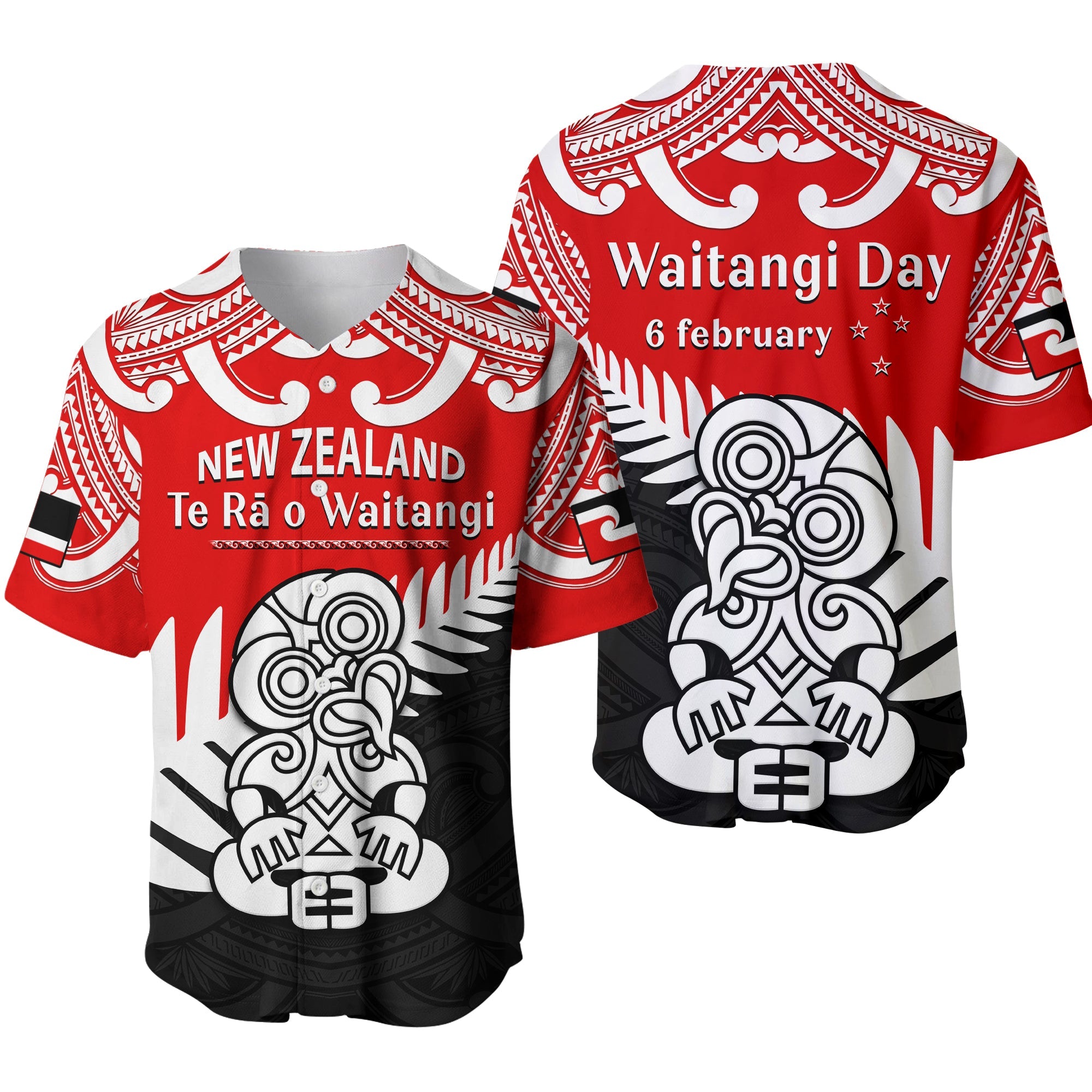 Waitangi Day Baseball Jersey Tino Rangatiratanga Flag With Tiki Maori Fern Ver.01 LT14 Red - Polynesian Pride