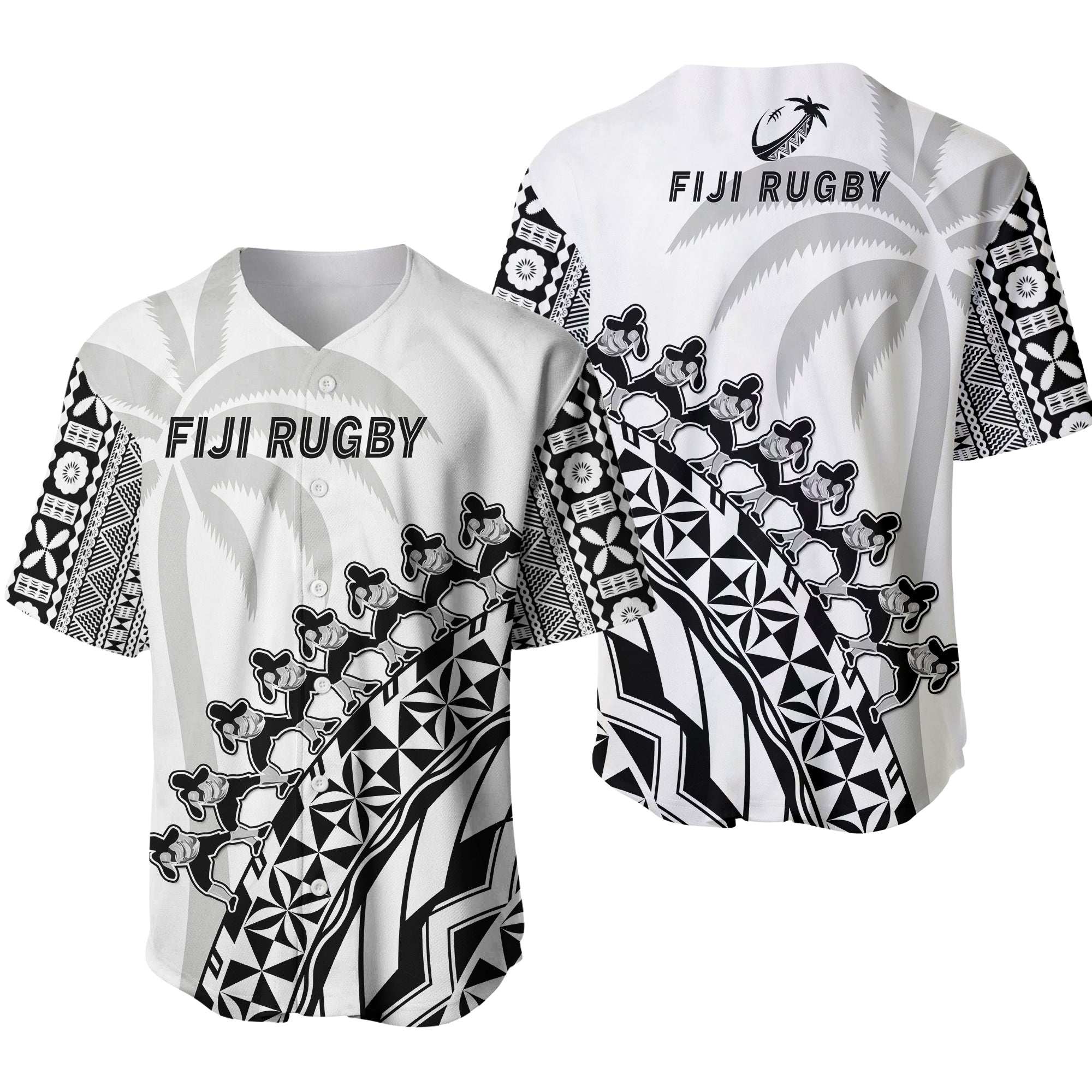 Fiji Rugby Baseball Jersey Fijian Cibi Dance Tapa Pattern White LT14 White - Polynesian Pride