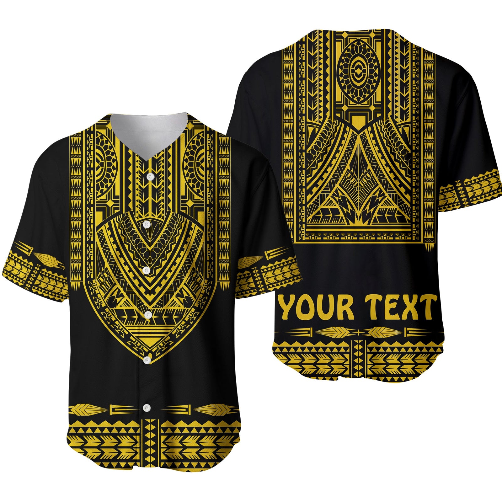 (Custom Personalised) Polynesian Baseball Jersey Dashiki With Polynesian Tattoo Royal Golden Version LT14 Black - Polynesian Pride