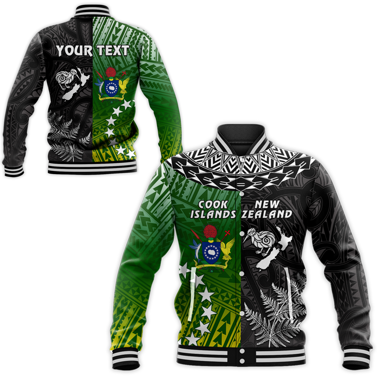 (Custom Personalised) Cook Islands Pattern and New Zealand Kiwi Baseball Jacket LT13 Unisex Black - Polynesian Pride