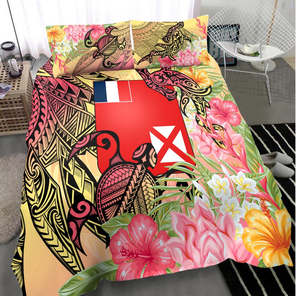 Wallis And Futuna Bedding Set - Flowers Tropical With Sea Animals - Polynesian Pride