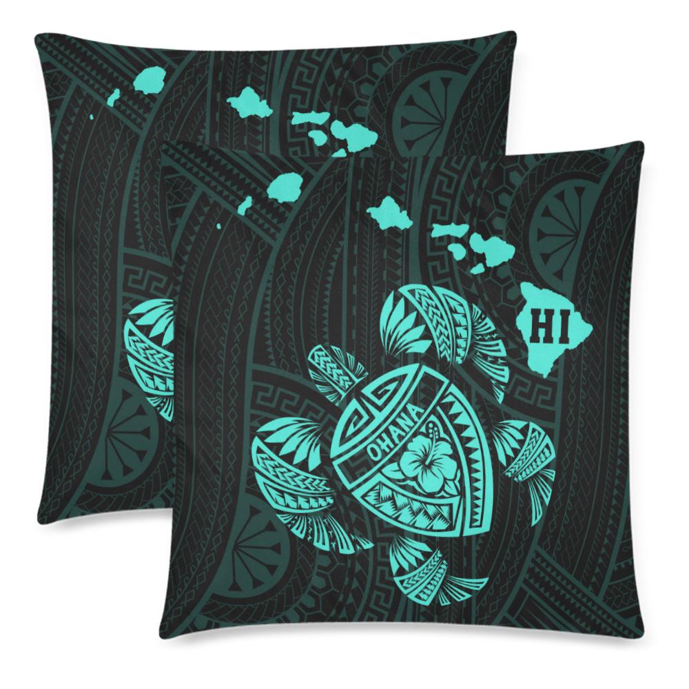 Hawaiian Map Turtle Ohana Hibiscus Kakau Polynesian Pillow Cover - Turquoise One Size Zippered Pillow Cases 18"x 18" (Twin Sides) (Set of 2) Turquoise - Polynesian Pride