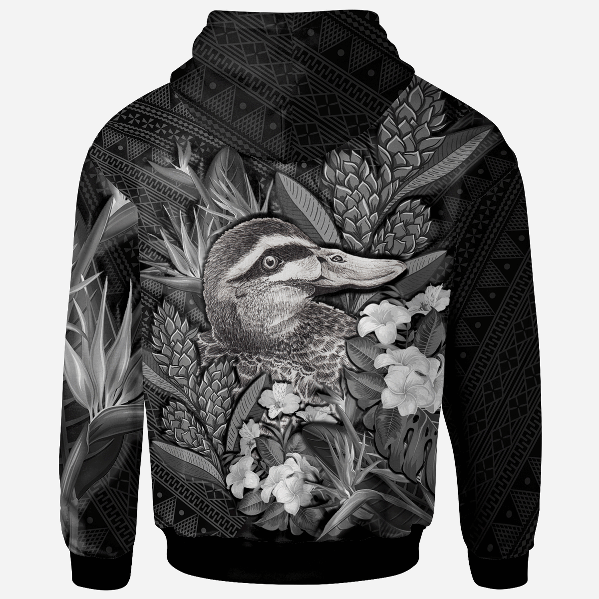 Tonga Zip Hoodie Custom Pacific Black Duck With Tropical Flowers - Polynesian Pride