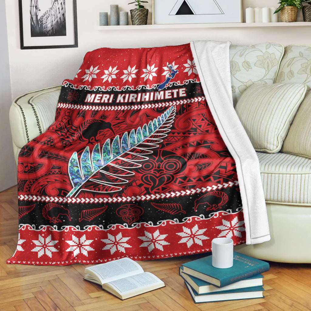 New Zealand Christmas Premium Blanket Paua Shell Silver Fern Meri Kirihimete LT14 White - Polynesian Pride