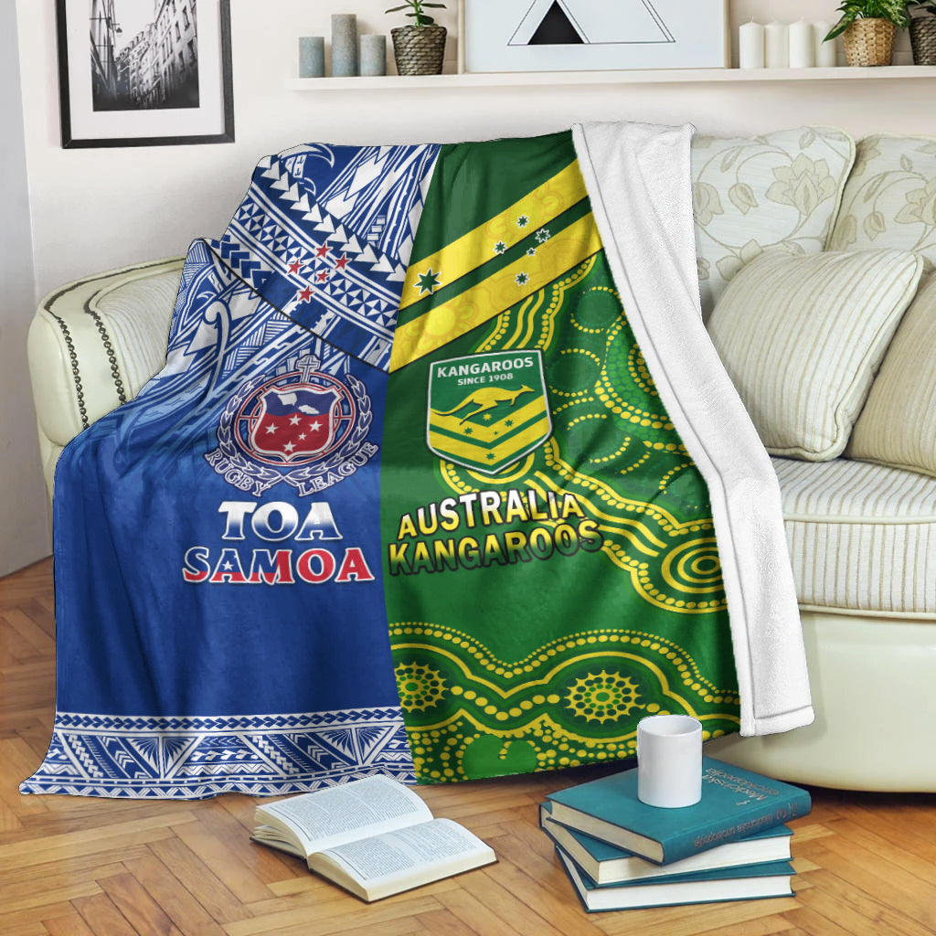 Samoa Rugby and Australia Rugby Premium Blanket Toa Samoa Mix Kangaroos Pacific LT14 White - Polynesian Pride