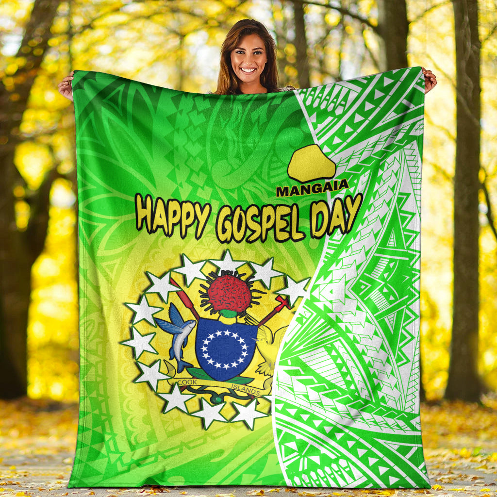 Happy Mangaia Gospel Day Premium Blanket Cook Islands Coat Of Arms Polynesian Pattern LT14 White - Polynesian Pride