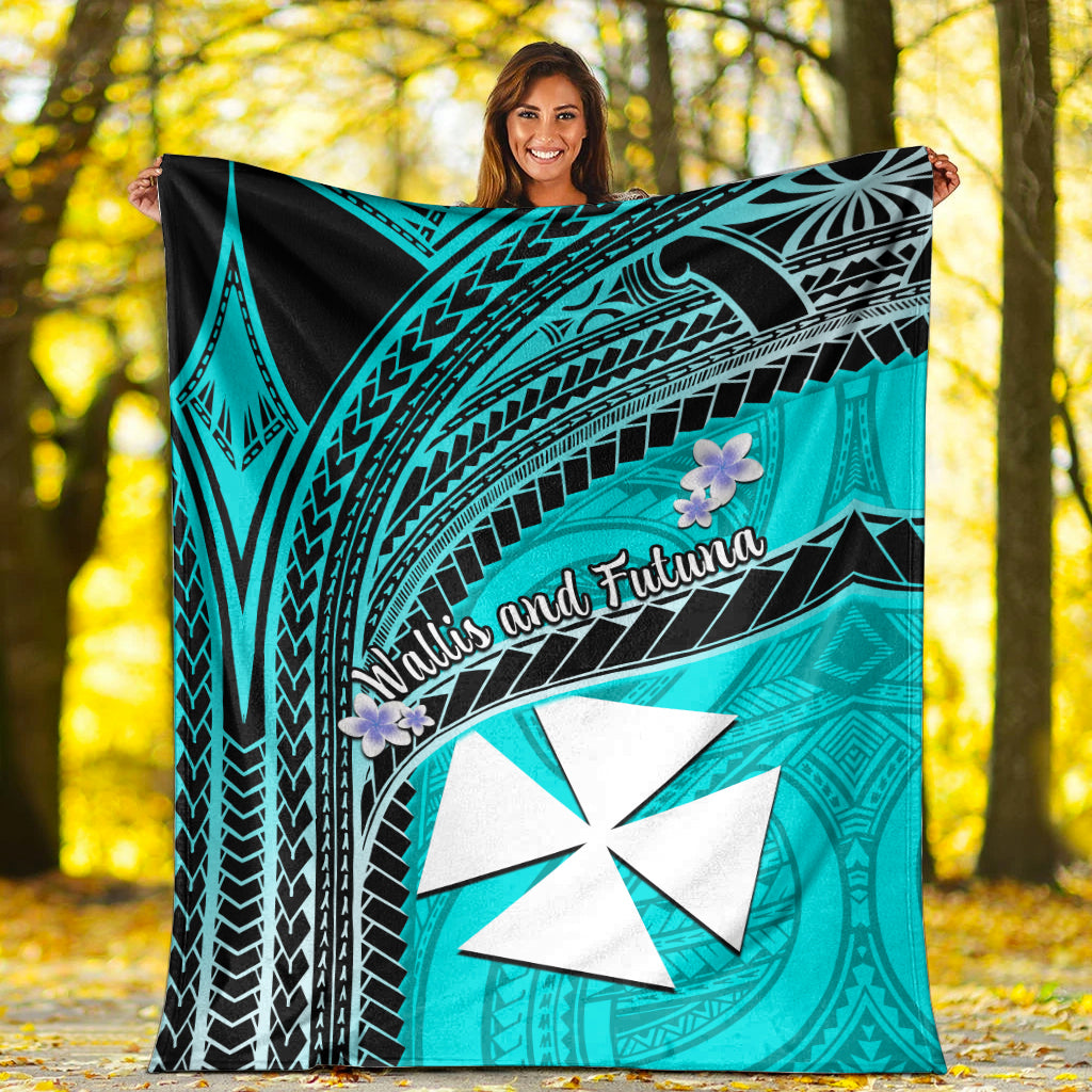 Wallis And Futuna Premium Blanket Plumeria Flowers With Turquoise Polynesian Pattern LT14 Turquoise - Polynesian Pride