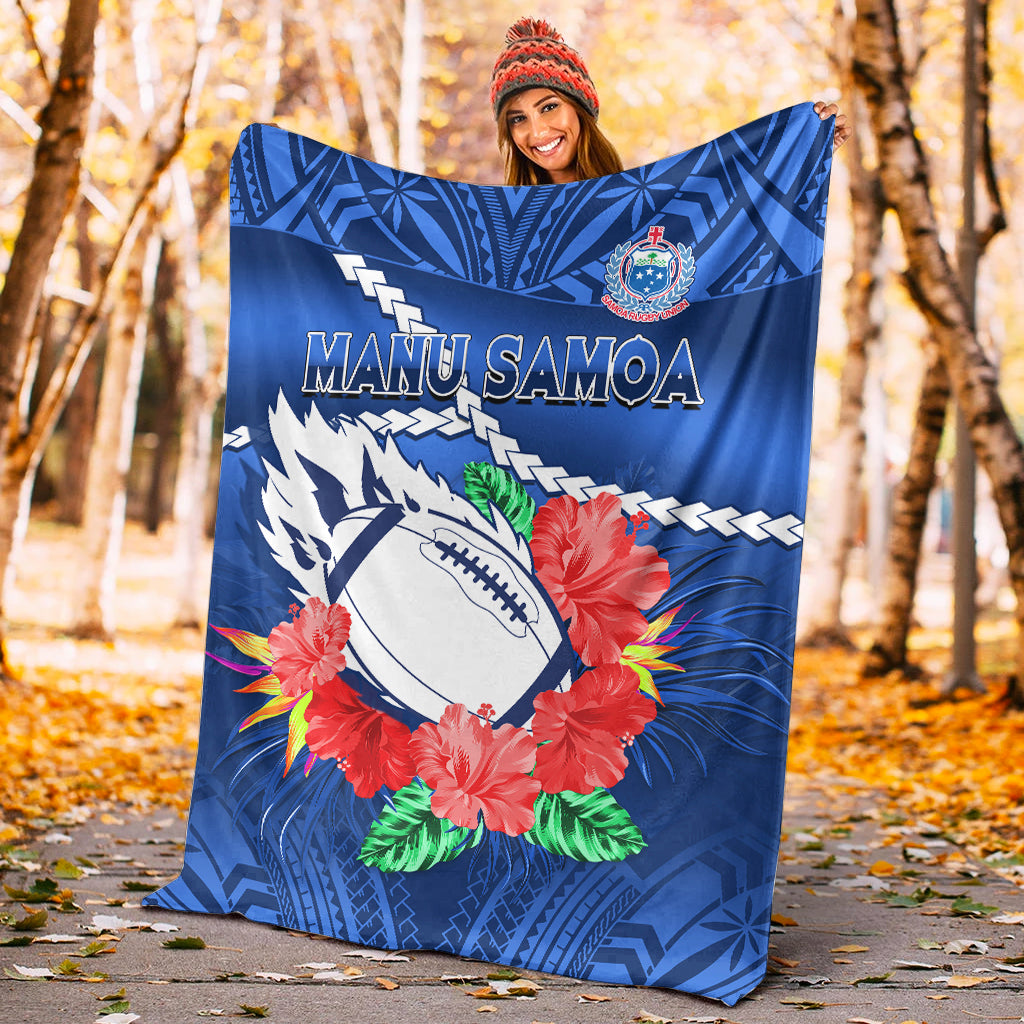 Samoa Rugby Premium Blanket Manu Samoa Polynesian Hibiscus Blue Style LT14 - Polynesian Pride