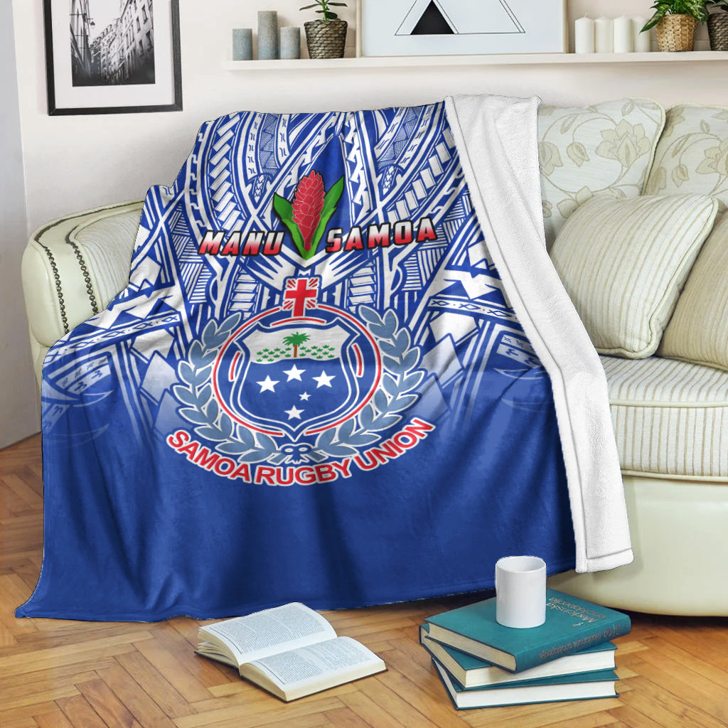 Samoa Rugby Premium Blanket Manu Samoa 7s Ginger Blue Polynesian LT14 White - Polynesian Pride