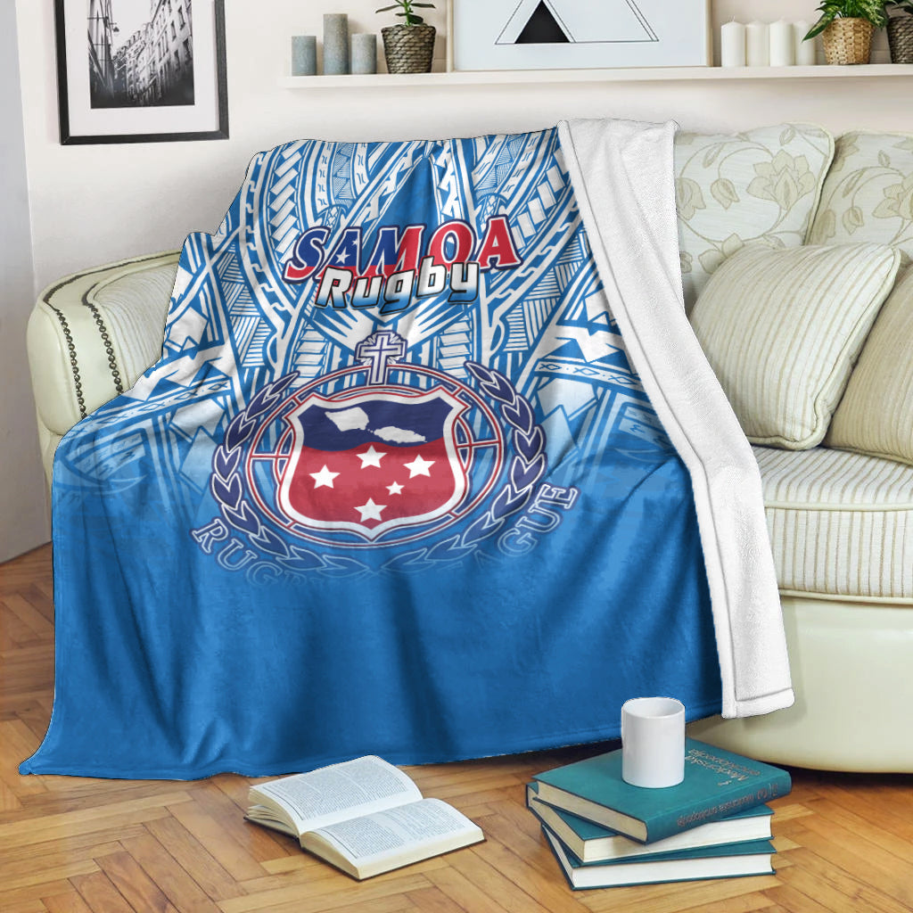 Samoa Rugby Premium Blanket Toa Samoa Polynesian Pacific Blue Version LT14 White - Polynesian Pride