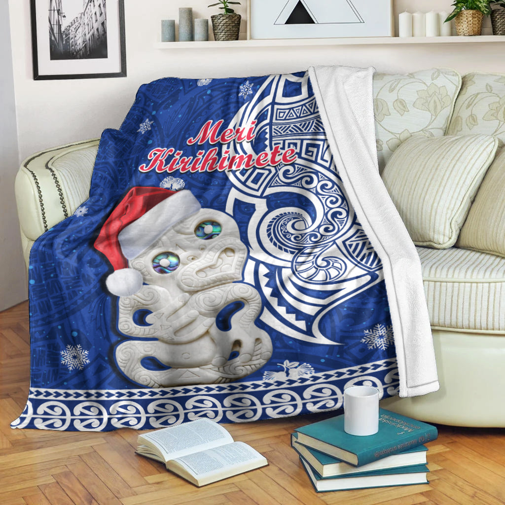 New Zealand Christmas Premium Blanket Hei Tiki Blue Pohutukawa Meri Kirihimete LT14 White - Polynesian Pride