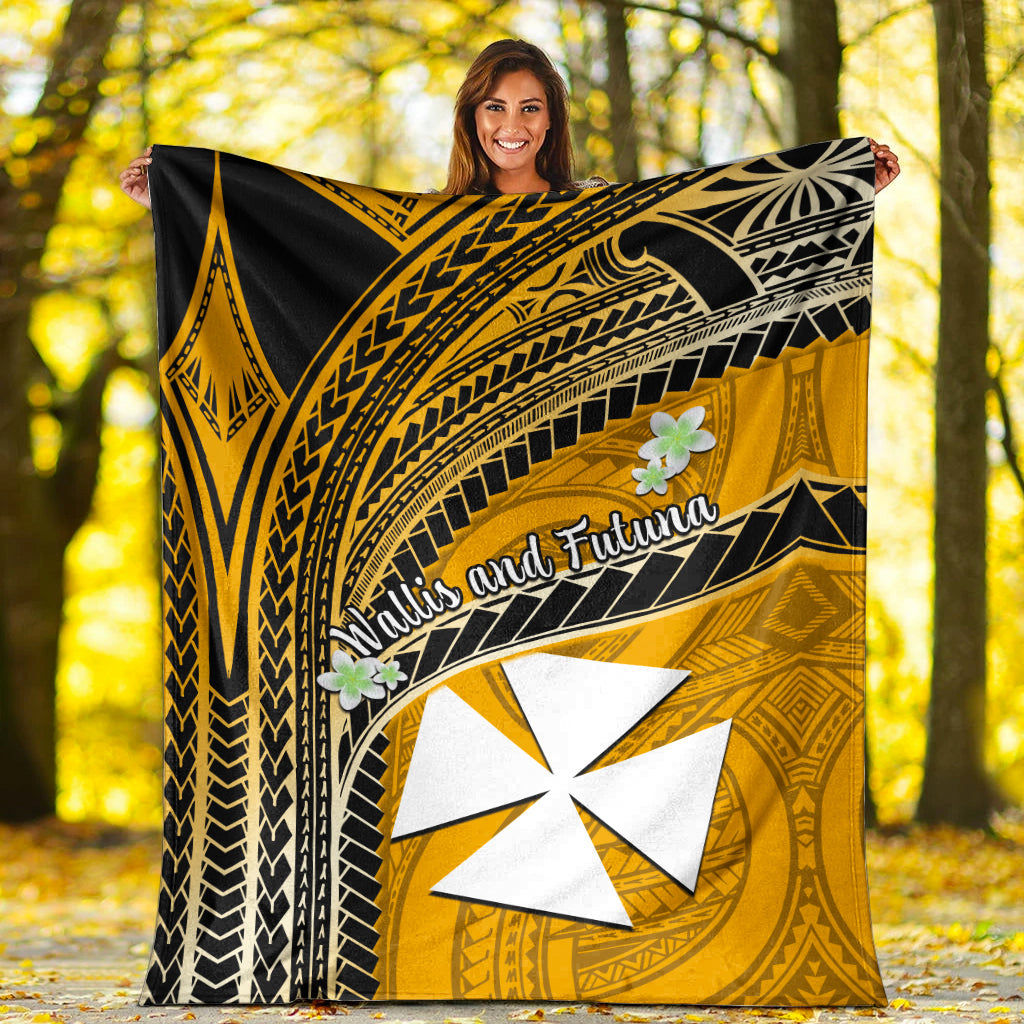 Wallis And Futuna Premium Blanket Plumeria Flowers With Gold Polynesian Pattern LT14 Gold - Polynesian Pride