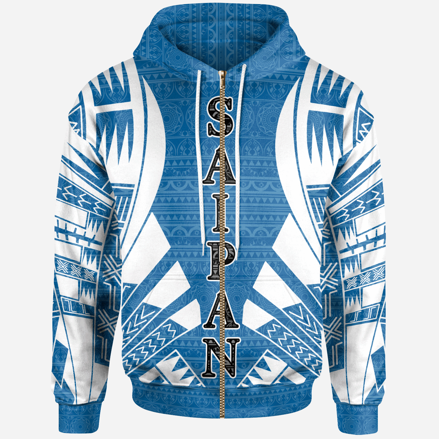 Saipan Island CNMI All Over Zip up Hoodie Tattoo Style Unisex Blue - Polynesian Pride