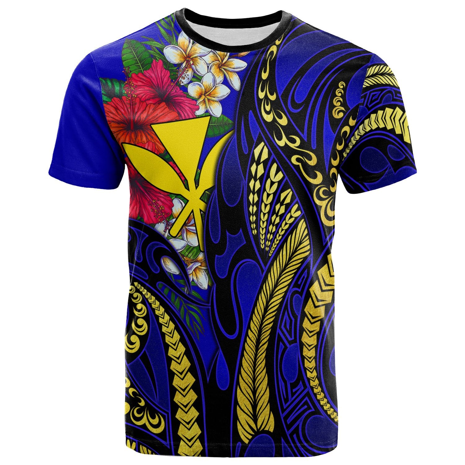 Hawaii T Shirt Blue Gold Tribal Pattern and Hibiscus Plumeria Unisex BLUE - Polynesian Pride