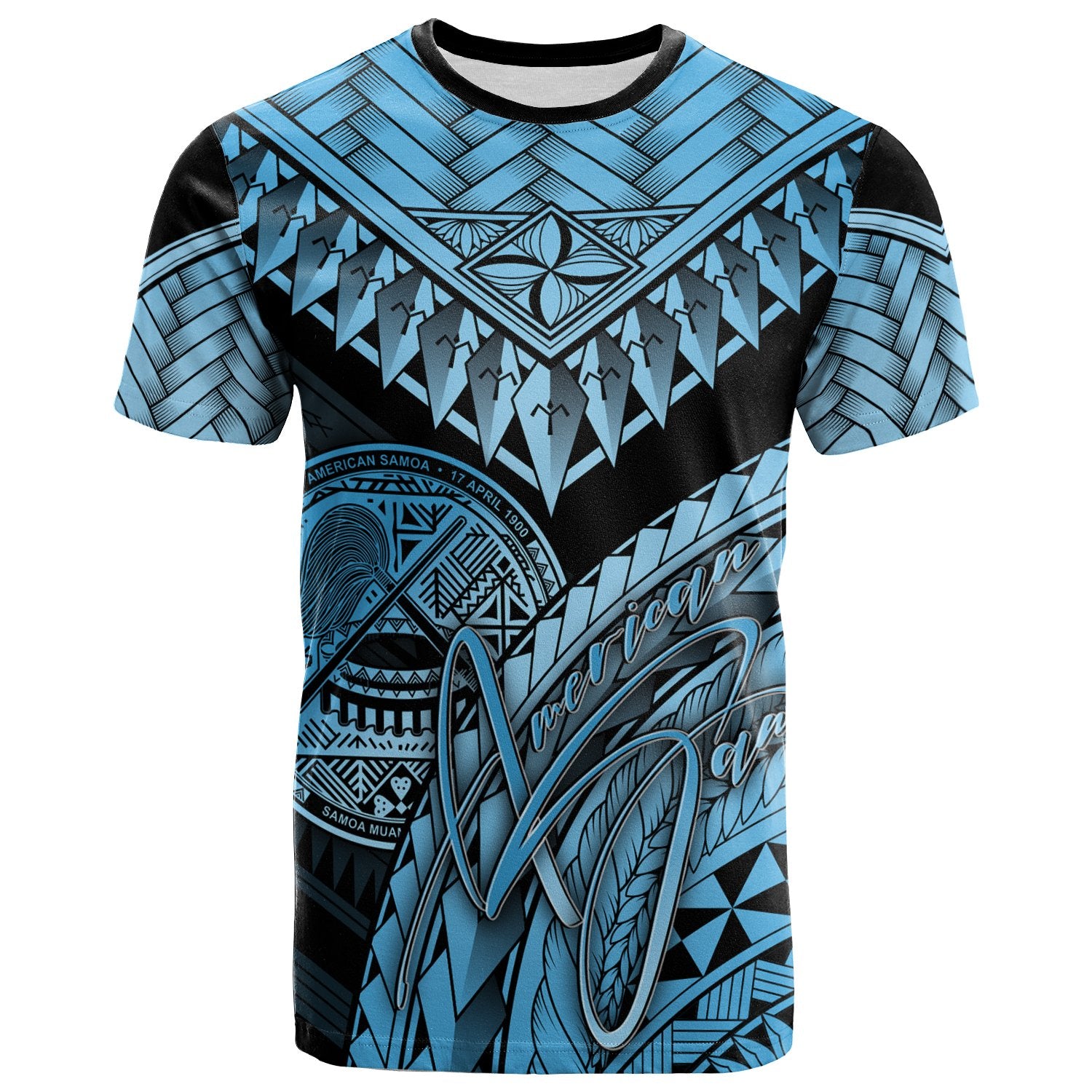 American Samoa T Shirt Blue Polynesian Necklace and Lauhala Unisex Blue - Polynesian Pride