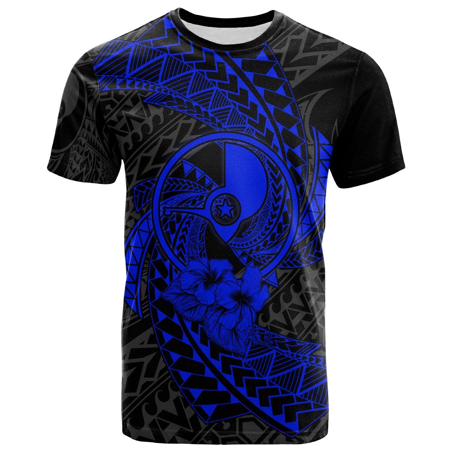 Yap Micronesian T Shirt Blue Spiral Pattern Hibiscus Unisex Blue - Polynesian Pride