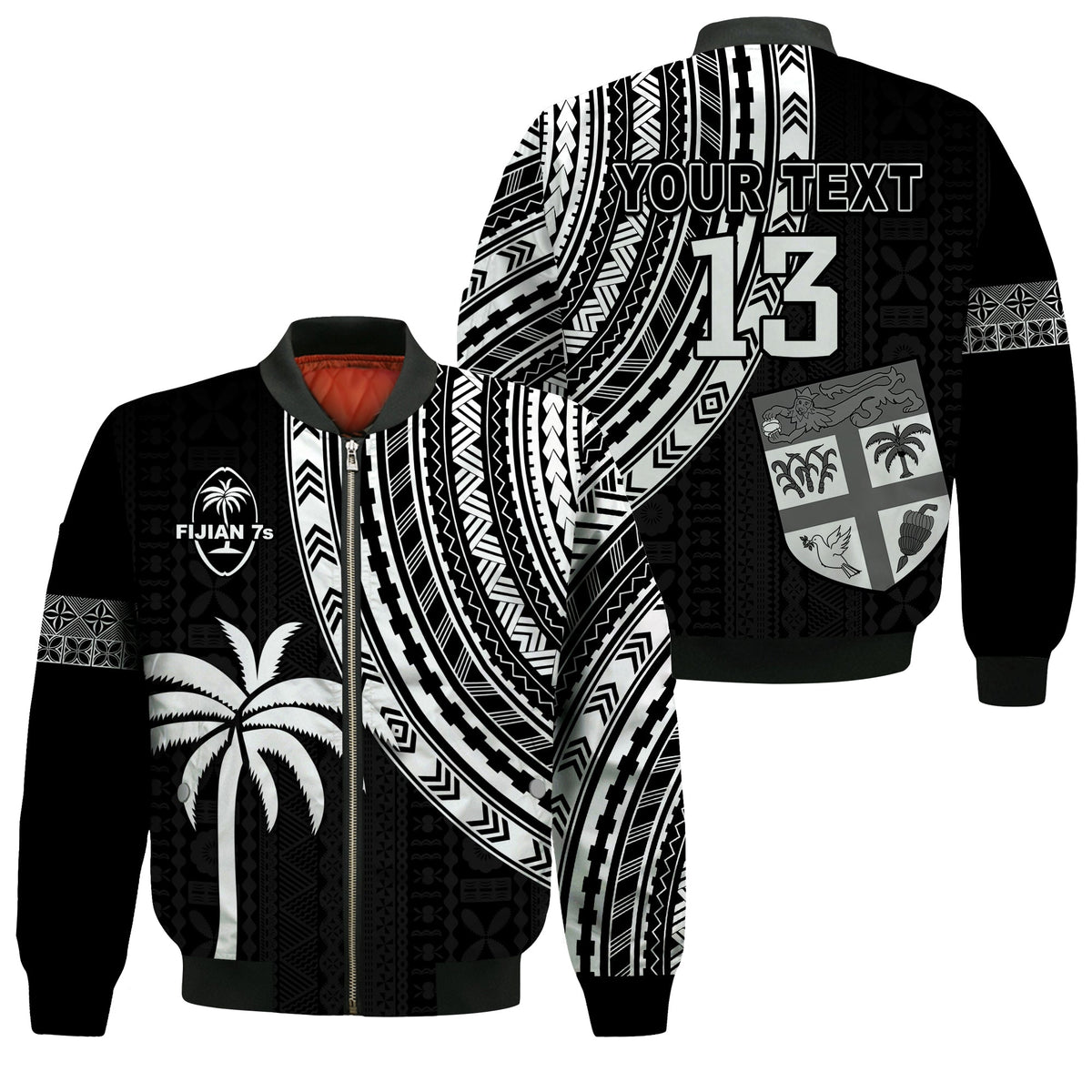 (Custom Text and Number) Fiji Rugby Sevens Bomber Jacket Fijian 7s Tapa Polynesian LT13 Unisex Black - Polynesian Pride