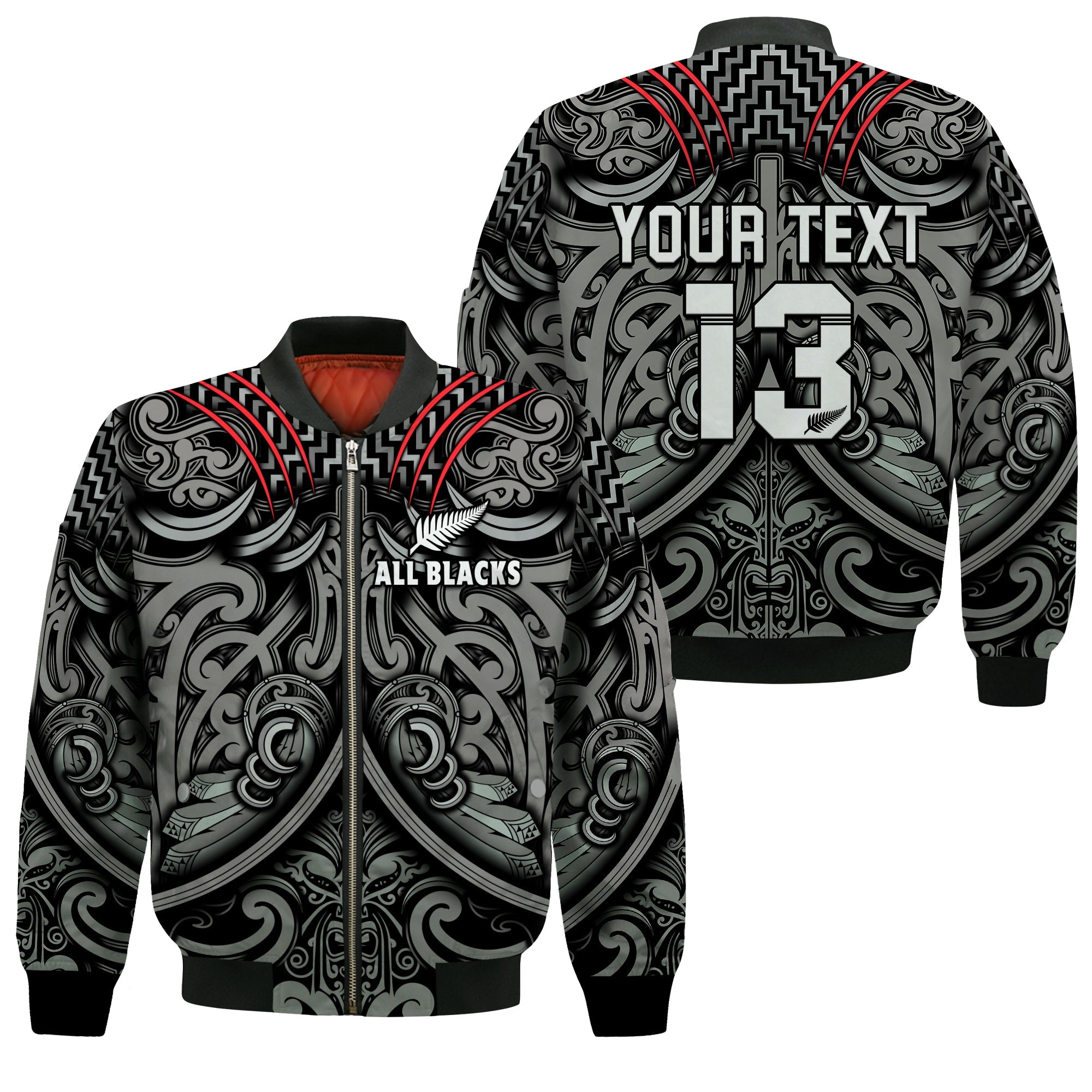 (Custom Text and Number) New Zealand Silver Fern Rugby Bomber Jacket All Black NZ Maori Pattern LT13 Unisex Black - Polynesian Pride