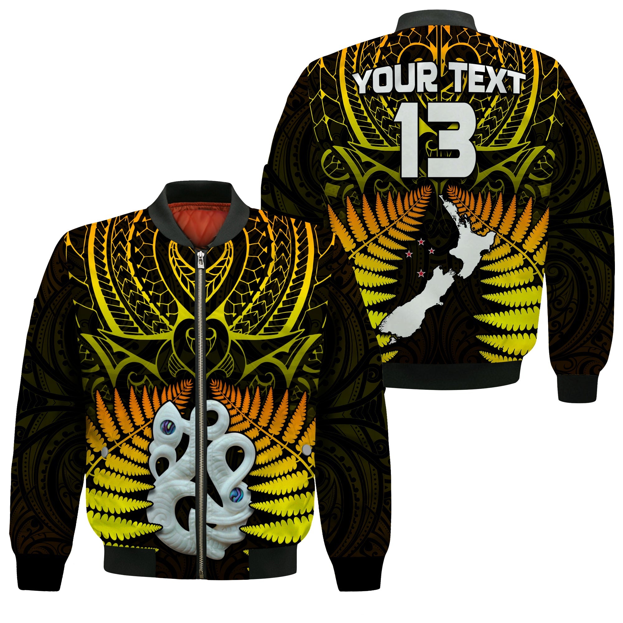 (Custom Text and Number) Aotearoa Fern Bomber Jacket New Zealand Hei Tiki Gold Style LT13 Unisex Gold - Polynesian Pride