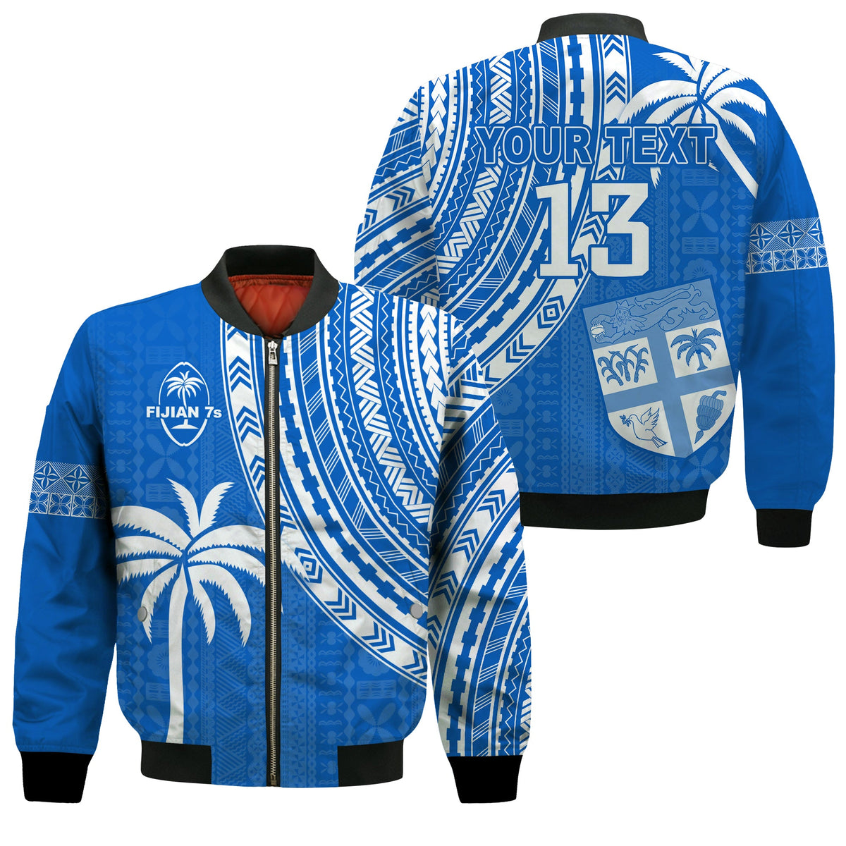 (Custom Text and Number) Fiji Rugby Sevens Bomber Jacket Fijian 7s Tapa Polynesian Blue Ver.01 LT13 Unisex Blue - Polynesian Pride