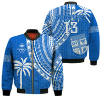 (Custom Text and Number) Fiji Rugby Sevens Bomber Jacket Fijian 7s Tapa Polynesian Blue Ver.01 LT13 Unisex Blue - Polynesian Pride