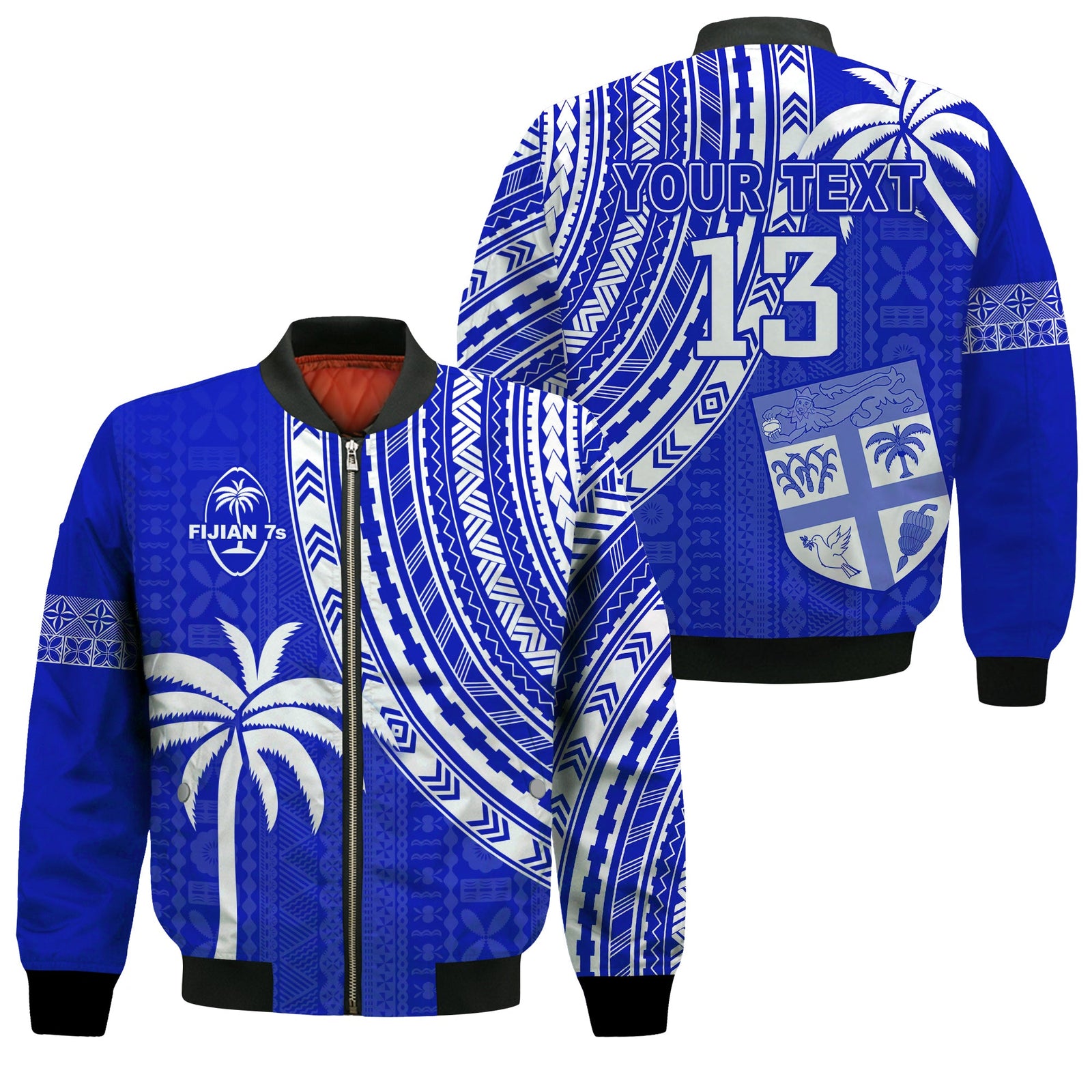 (Custom Text and Number) Fiji Rugby Sevens Bomber Jacket Fijian 7s Tapa Polynesian Blue Ver.02 LT13 Unisex Blue - Polynesian Pride