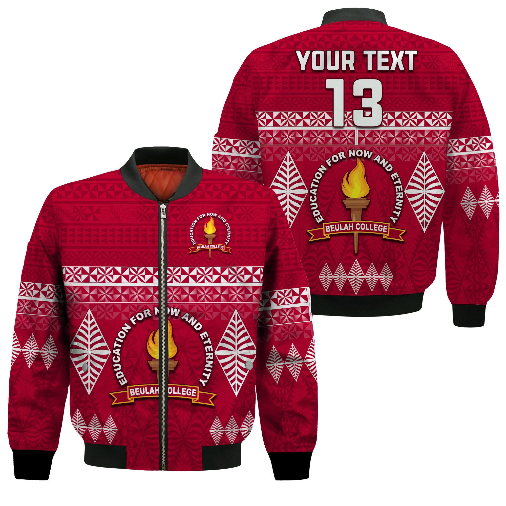 (Custom Text and Number) Beulah College Bomber Jacket Ngatu Pattern Tonga LT13 Unisex Maroon - Polynesian Pride