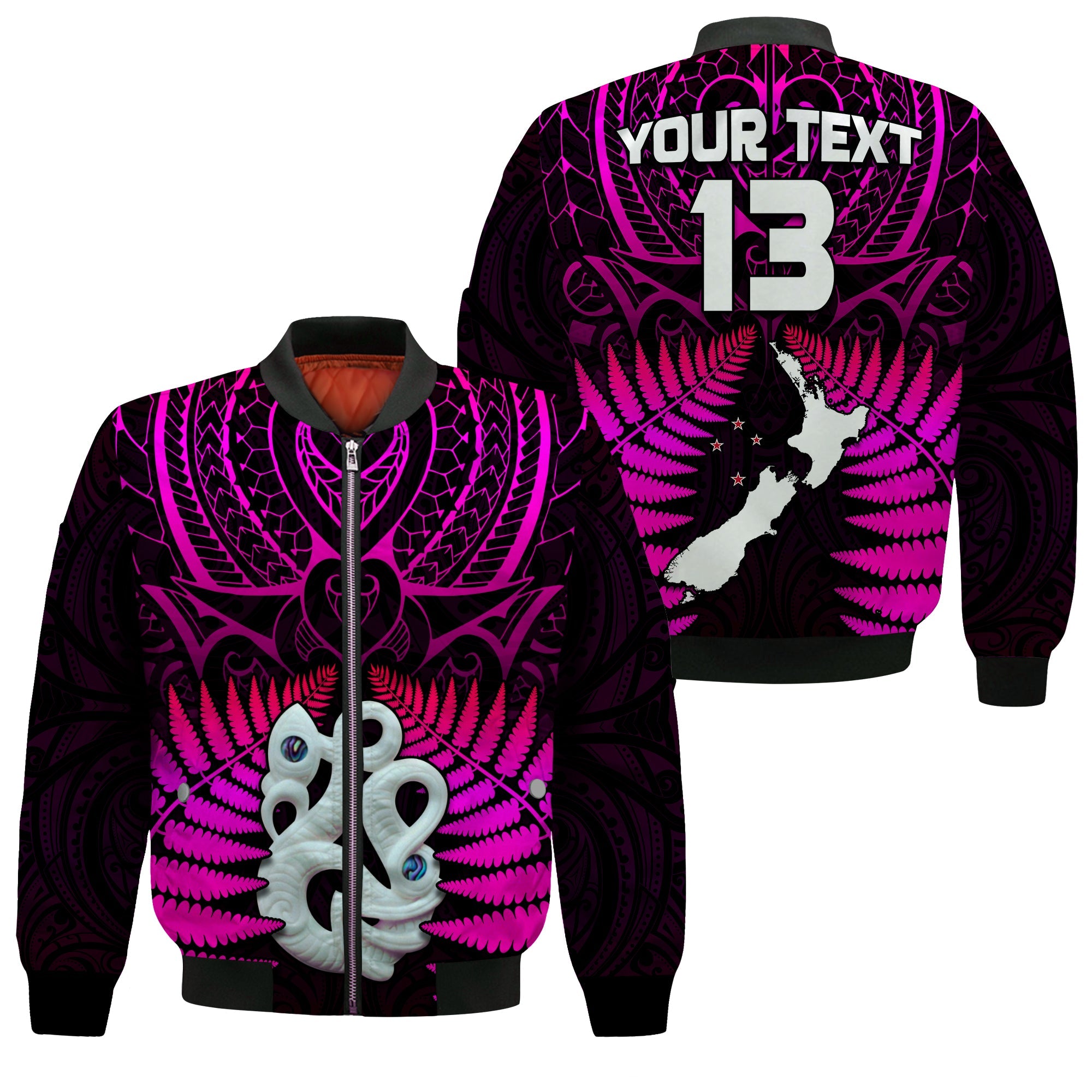 (Custom Text and Number) Aotearoa Fern Bomber Jacket New Zealand Hei Tiki Purple Style LT13 Unisex Purple - Polynesian Pride