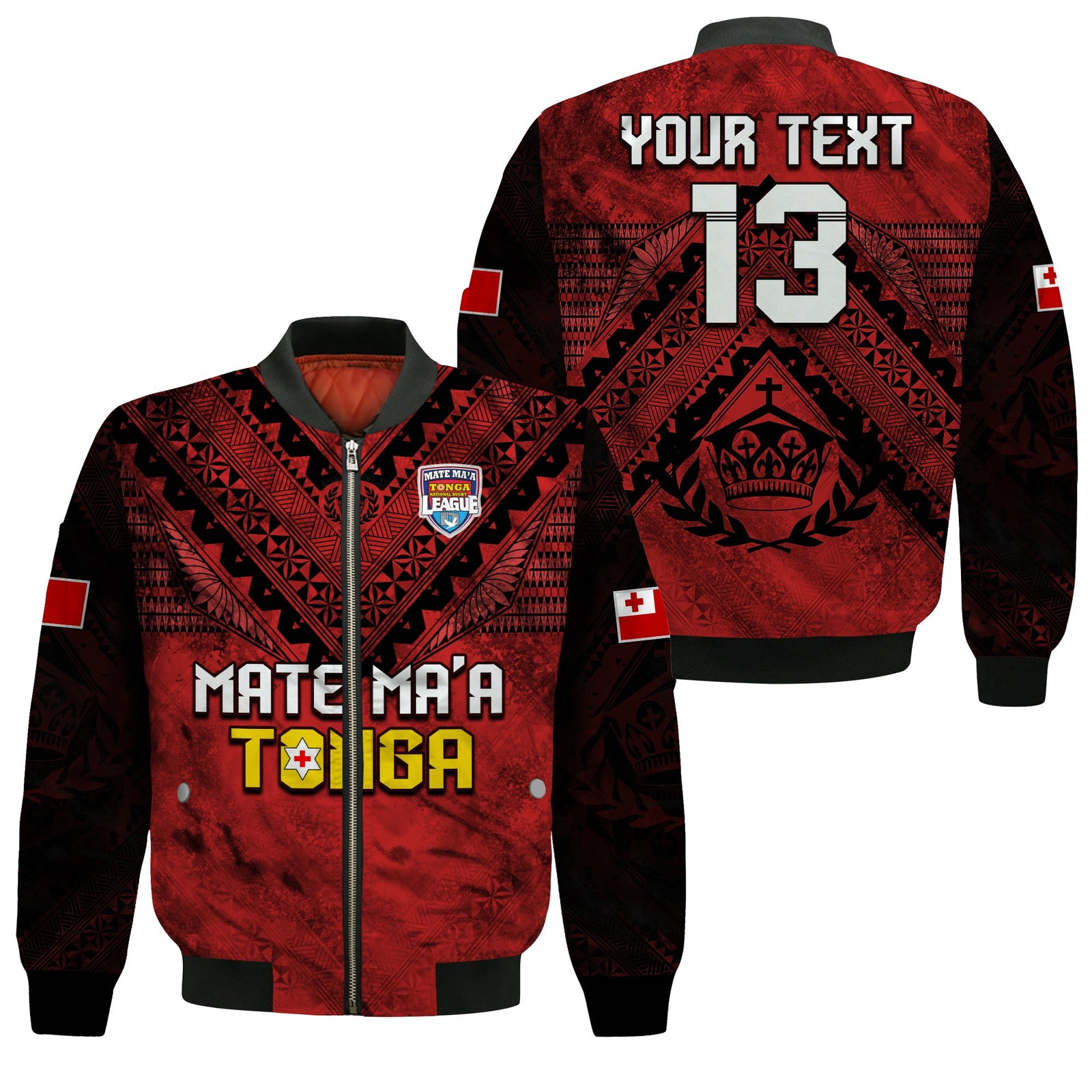 (Custom Text and Number) Tonga Rugby MMT Bomber Jacket Ngatu Mate Maa Tonga Grunge LT13 Unisex Red - Polynesian Pride
