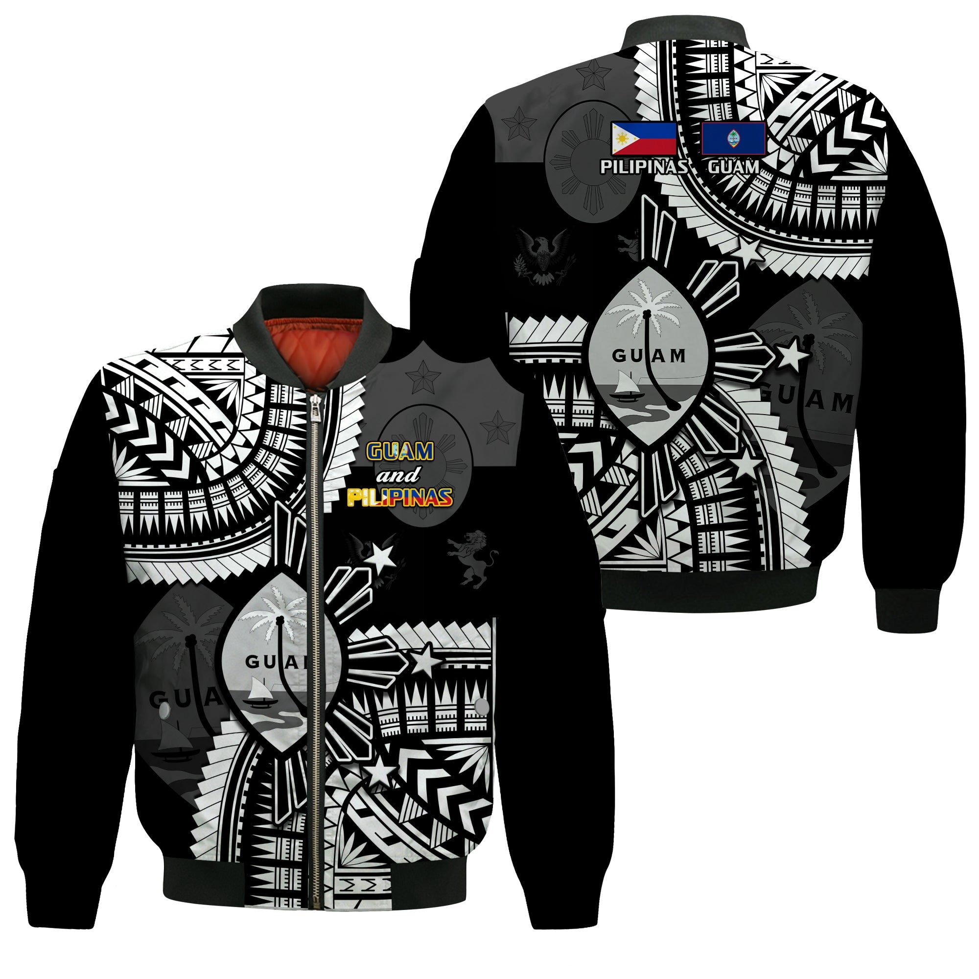 Guam and Philippines Bomber Jacket Guaman Filipinas Together Black LT14 Unisex Black - Polynesian Pride