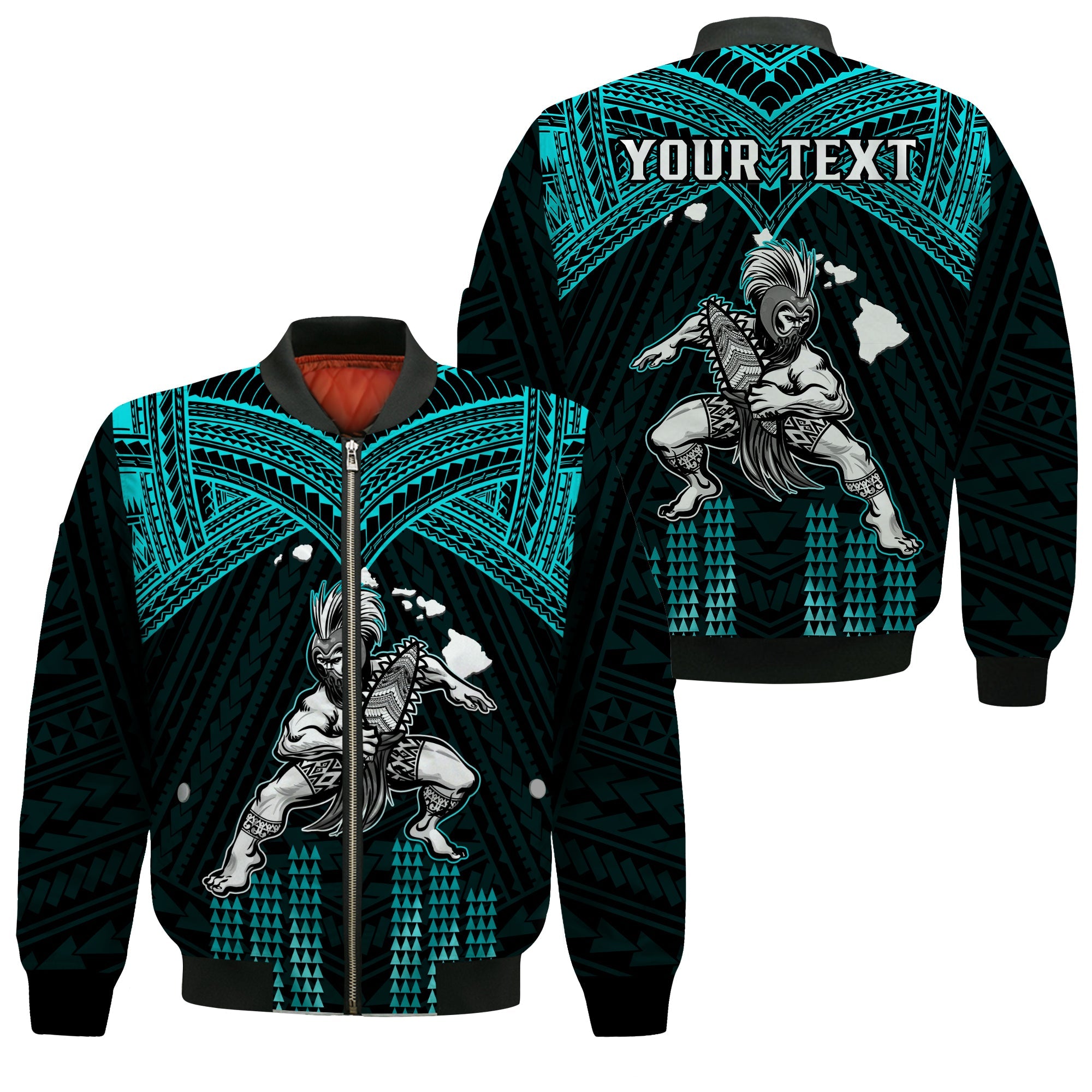 (Custom Personalised) Hawaii Bomber Jacket Hawaiian Warrior With Weapon Polynesian Ver.02 LT14 Unisex Turquoise - Polynesian Pride