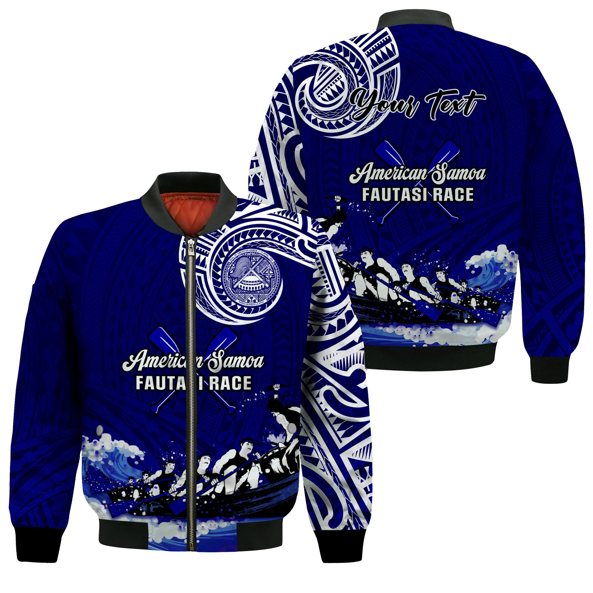 (Custom Personalised) American Samoa Bomber Jacket Fautasi Race Samoan Pattern Ver.01 LT14 Unisex Blue - Polynesian Pride