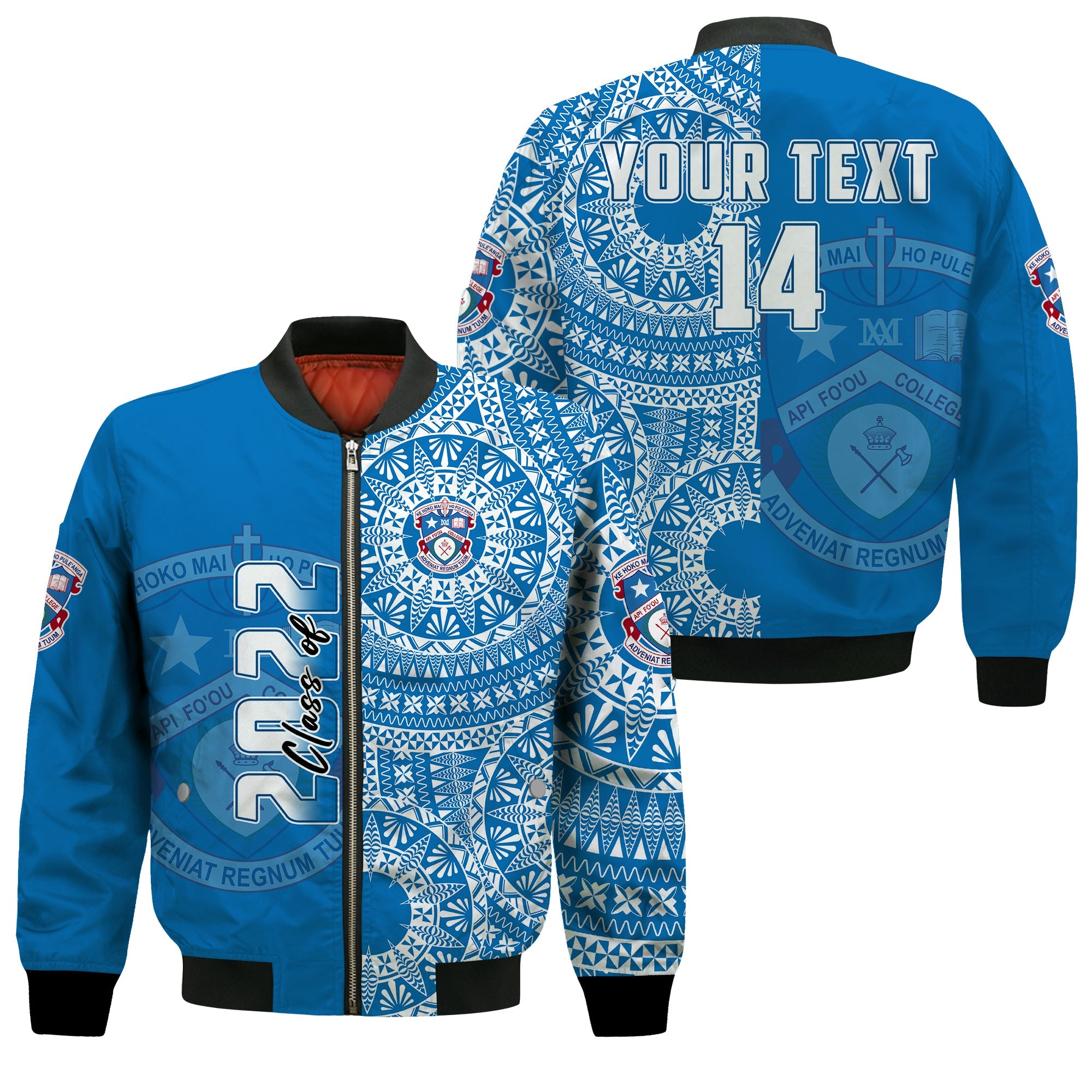 (Custom Text And Number) Apifoou Tonga College Bomber Jacket Class Of Year Tongan Ngatu Pattern LT14 Unisex Blue - Polynesian Pride