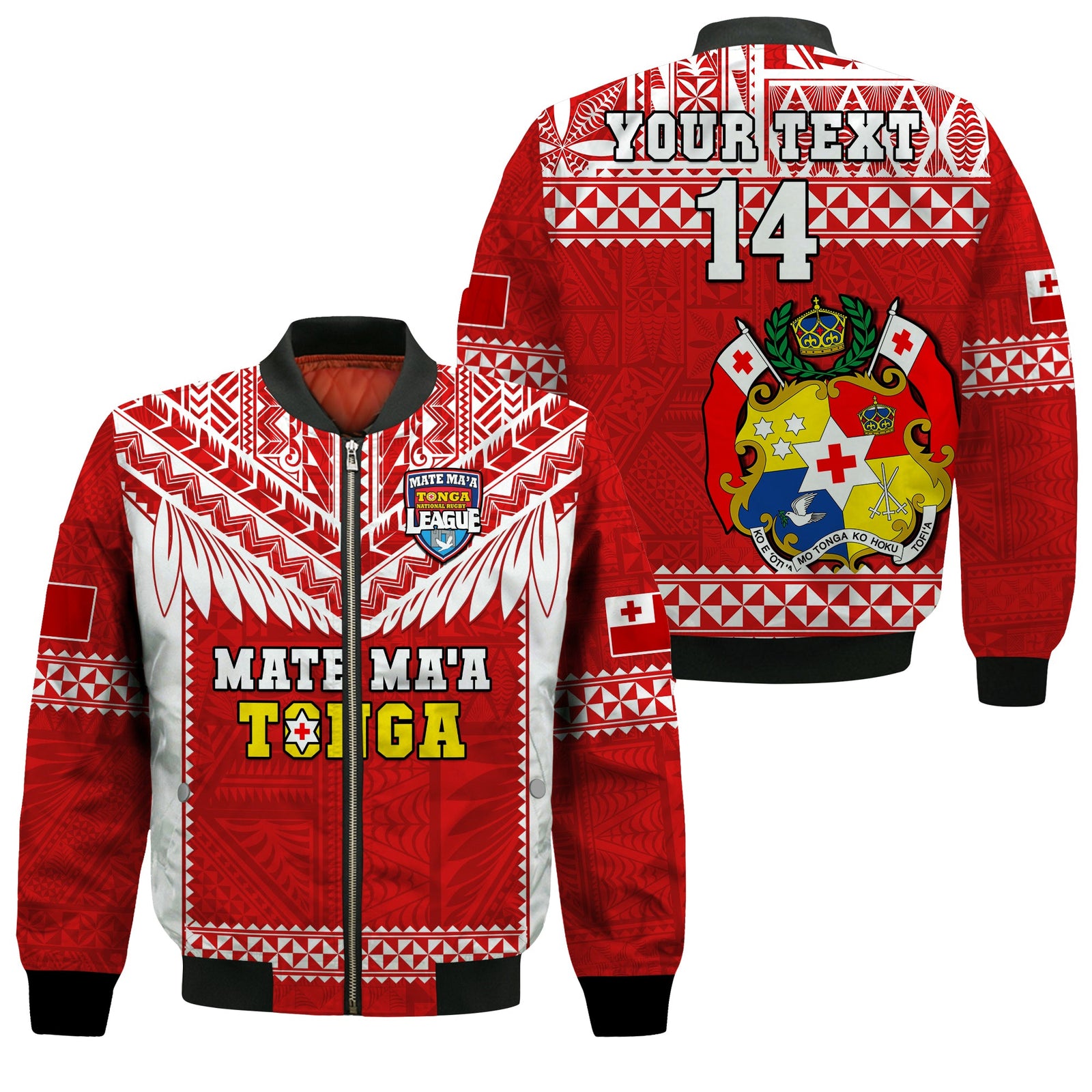 (Custom Text And Number) Tonga Rugby Bomber Jacket Mate Maa Tonga Pacific Ngatu White LT14 Unisex Red - Polynesian Pride