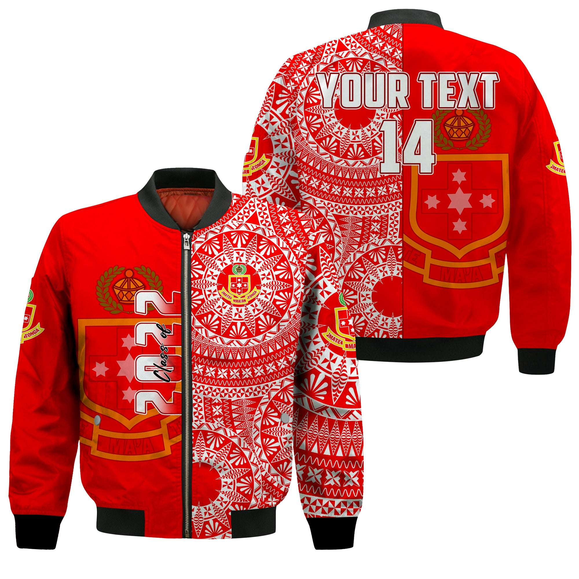 (Custom Text And Number) Kolisi Tonga High School Bomber Jacket Class Of Year Tongan Ngatu Pattern LT14 Unisex Red - Polynesian Pride