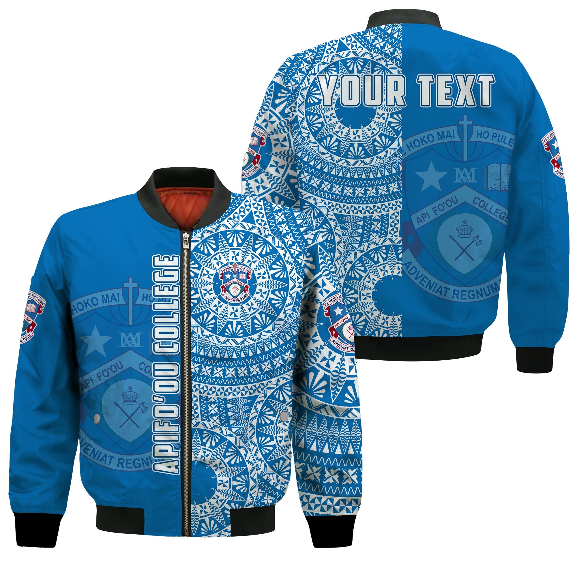(Custom Personalised) Apifoou Tonga College Bomber Jacket Tongan Ngatu Pattern LT14 Unisex Blue - Polynesian Pride
