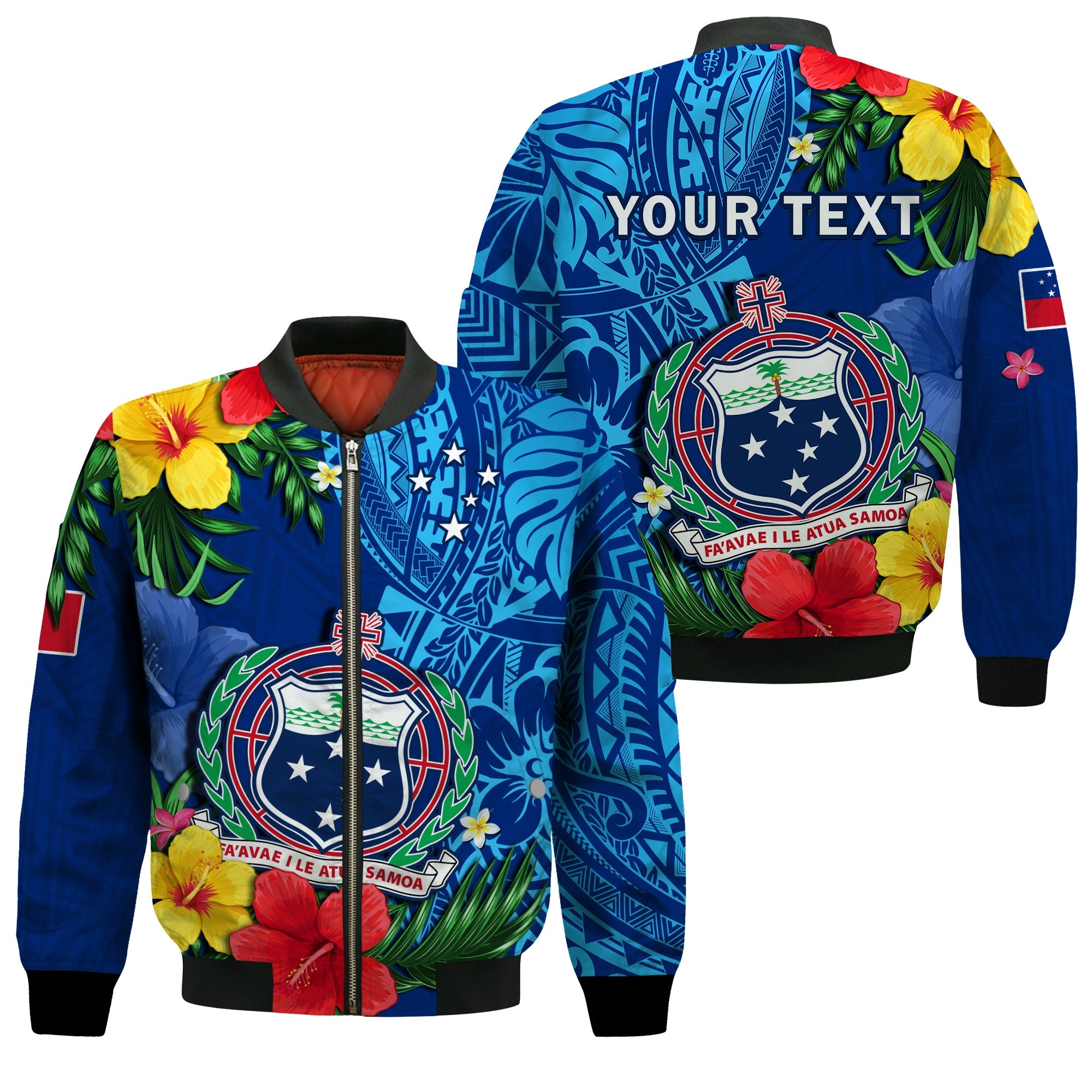 (Custom Personalised) Samoa Bomber Jacket Coat Of Arms Mix Tropical Flowers LT14 Unisex Blue - Polynesian Pride