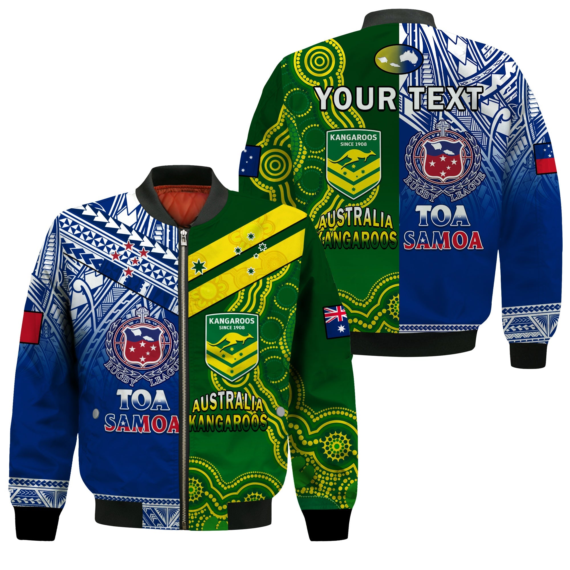 (Custom Personalised) Samoa Rugby and Australia Rugby Bomber Jacket Toa Samoa Mix Kangaroos Pacific LT14 Unisex Art - Polynesian Pride