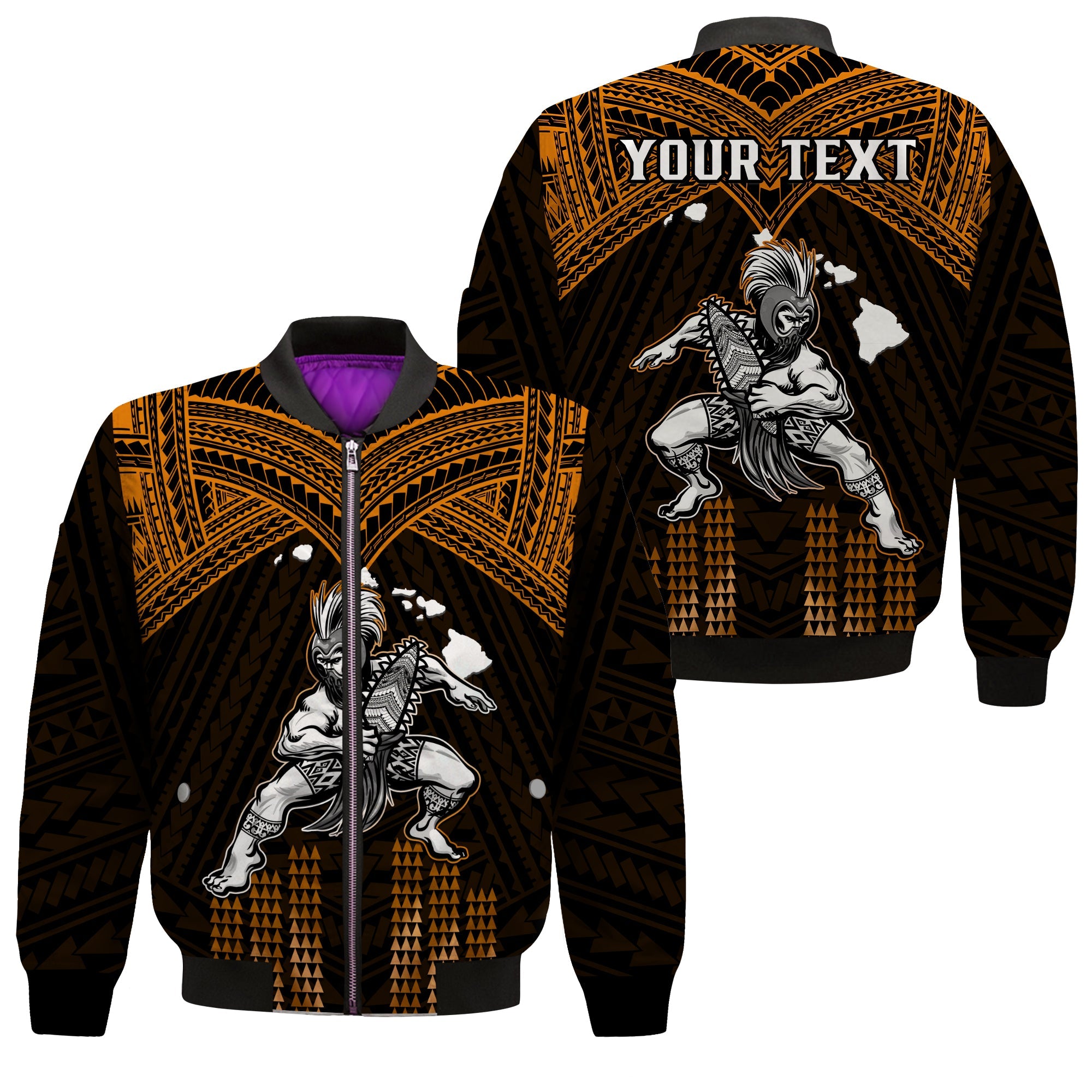 (Custom Personalised) Hawaii Bomber Jacket Hawaiian Warrior With Weapon Polynesian Ver.07 LT14 Unisex Gold - Polynesian Pride