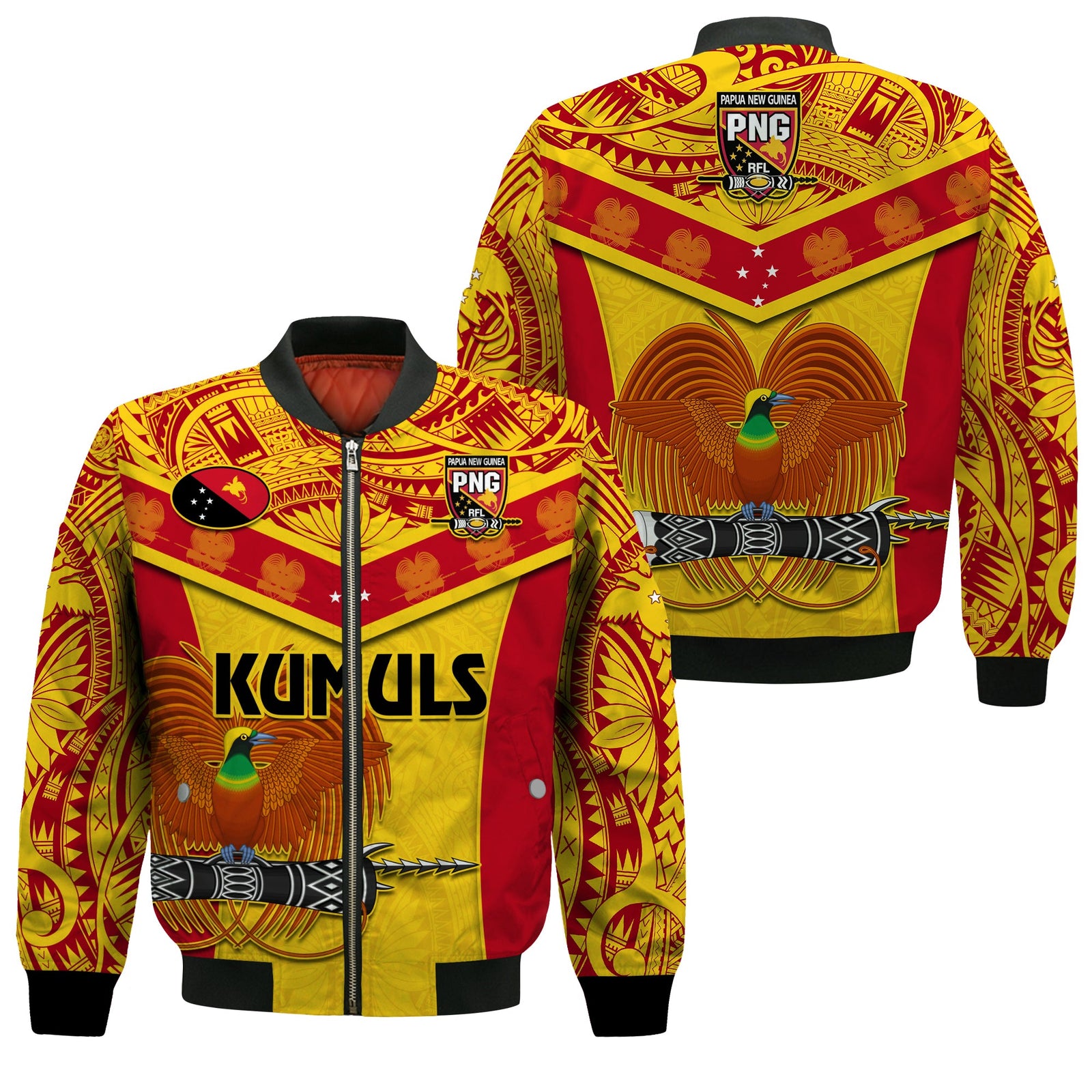 Papua New Guinea Rugby Bomber Jacket PNG Kumuls Bird Of Paradise Yellow LT14 Unisex Yellow - Polynesian Pride