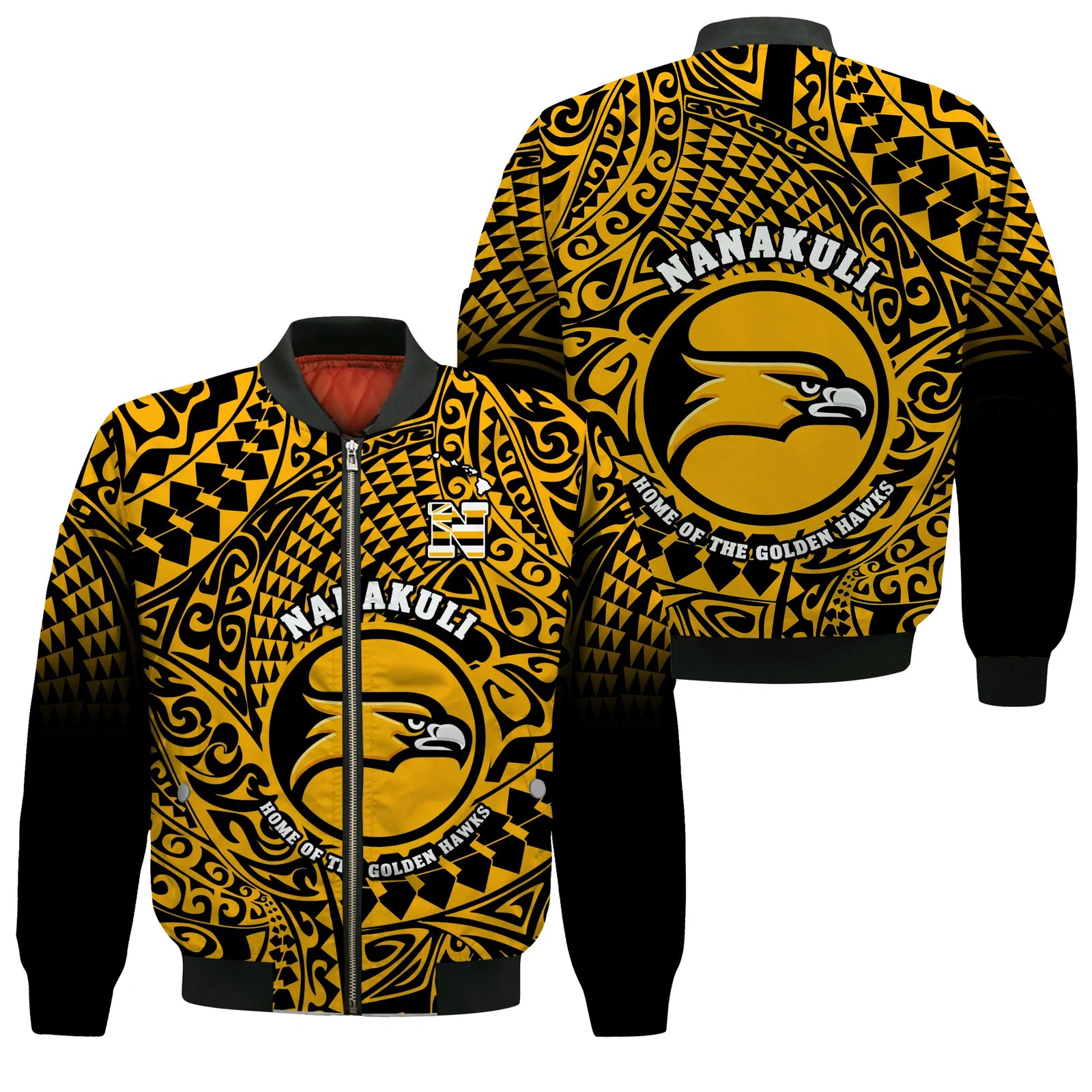 Hawaii Bomber Jacket Nanakuli High and Intermediate School Tribal Kakau LT14 Unisex Gold - Polynesian Pride
