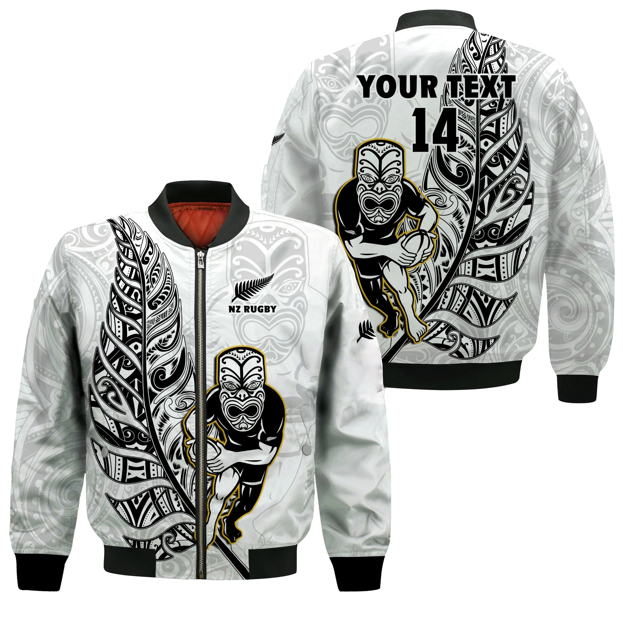 (Custom Text And Number) New Zealand Silver Fern Rugby Bomber Jacket All Black Maori Version White LT14 Unisex White - Polynesian Pride