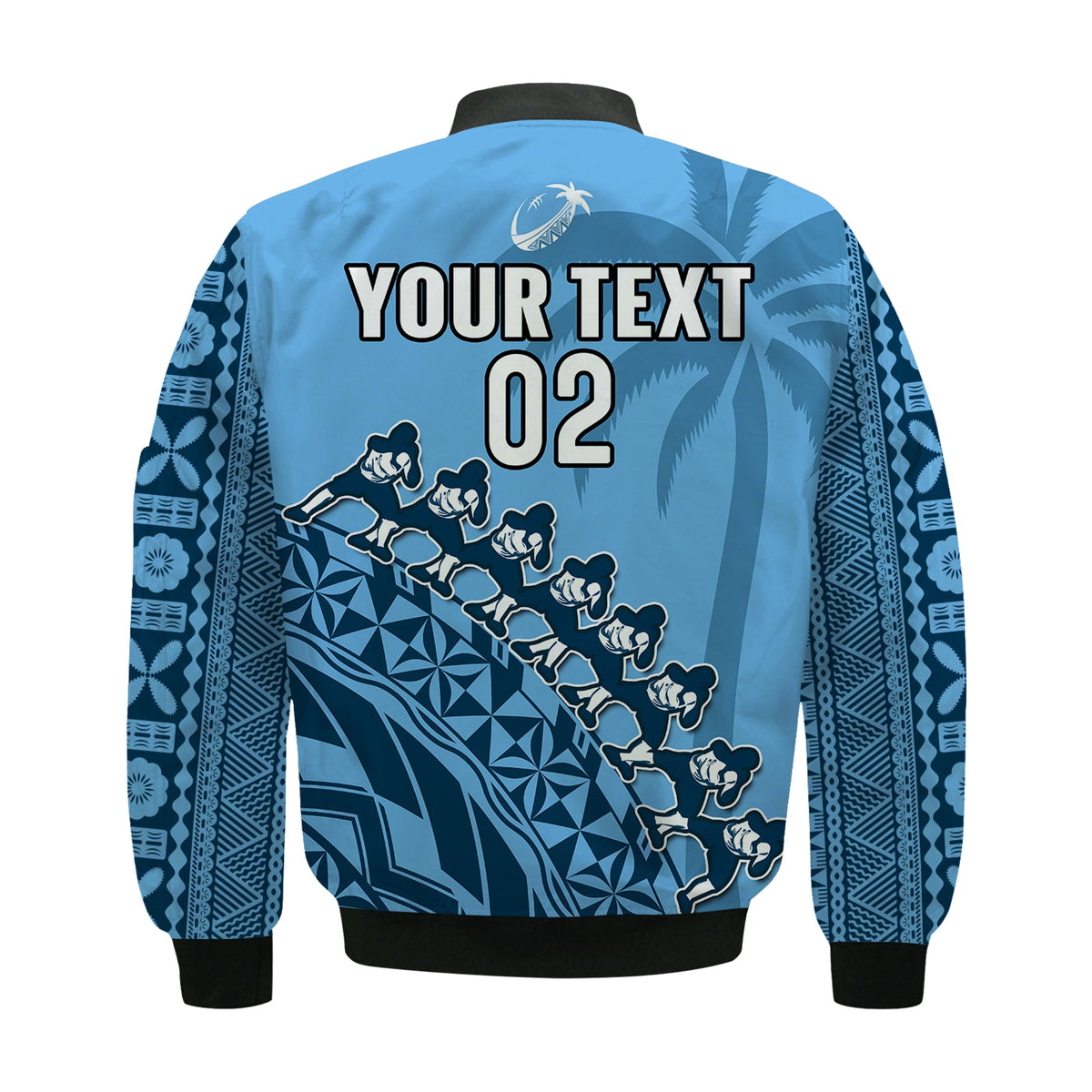 (Custom Text And Number) Fiji Tapa Rugby Bomber Jacket Fijian Cibi Dance Tapa Pattern Blue LT14 - Polynesian Pride