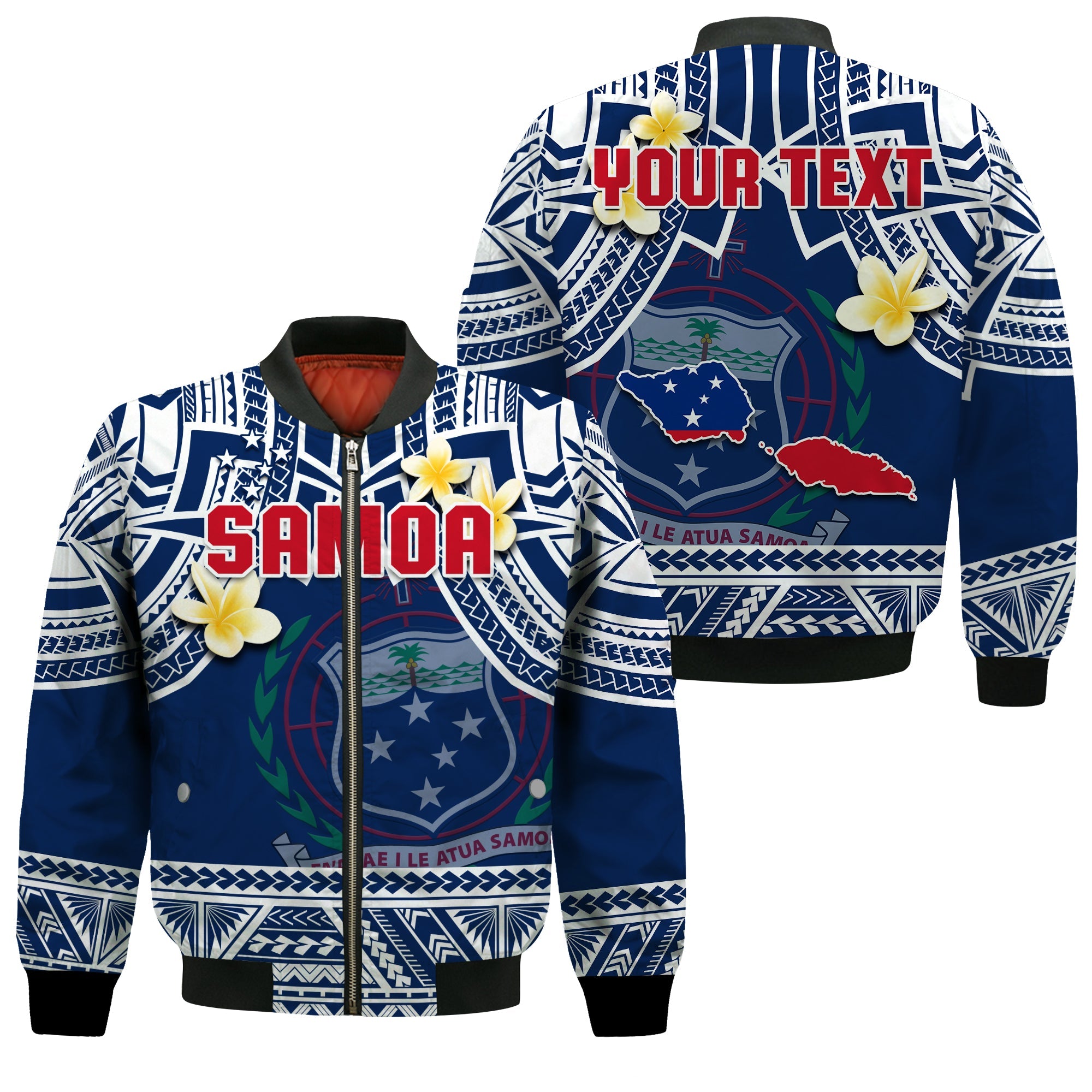 (Custom Personalised) Samoa Bomber Jacket Samoan Plumeria Flowers Mix Polynesian Pattern LT14 Unisex Blue - Polynesian Pride