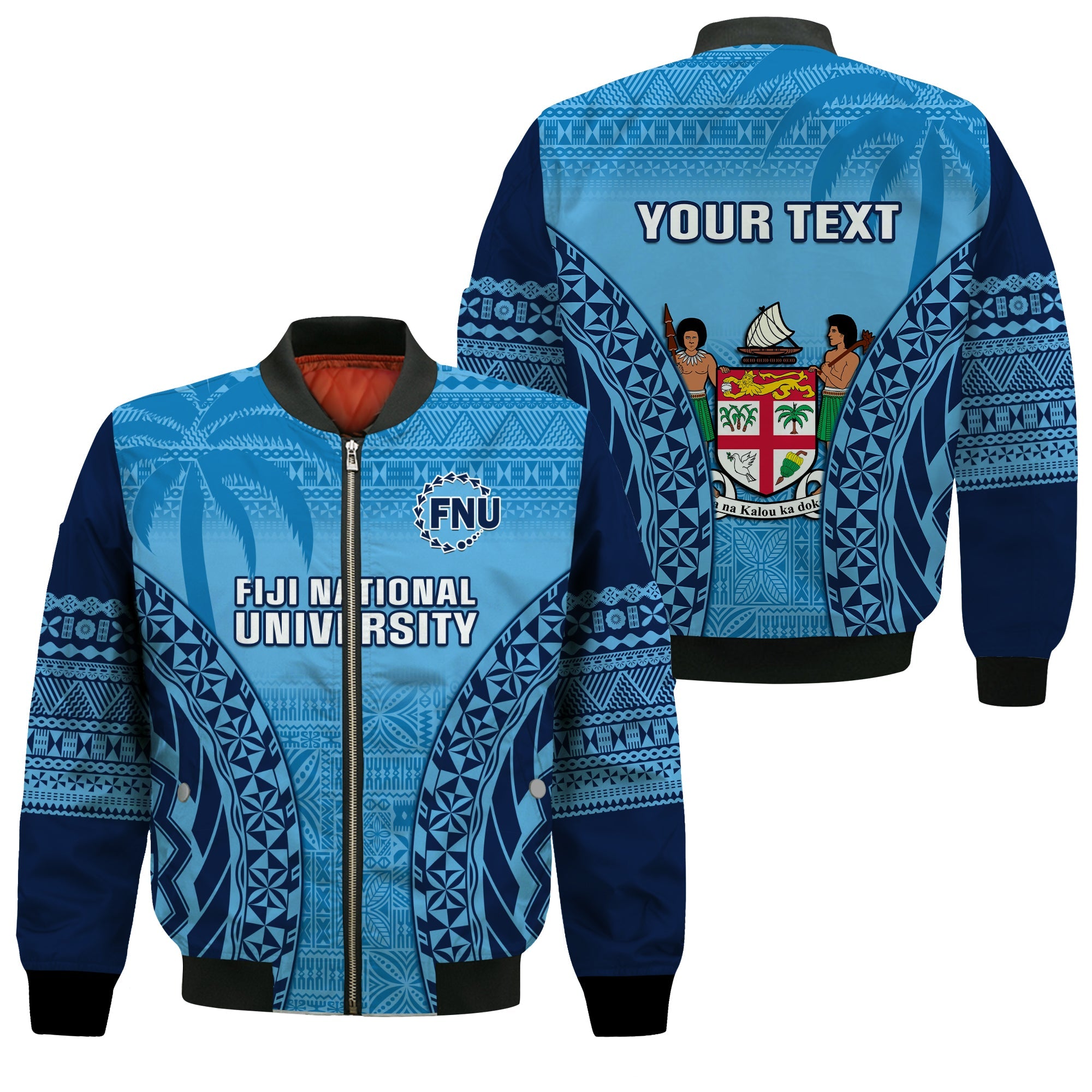 (Custom Personalised) Fiji University Bomber Jacket National Fijian Tapa Pattern Blue LT14 Unisex Blue - Polynesian Pride