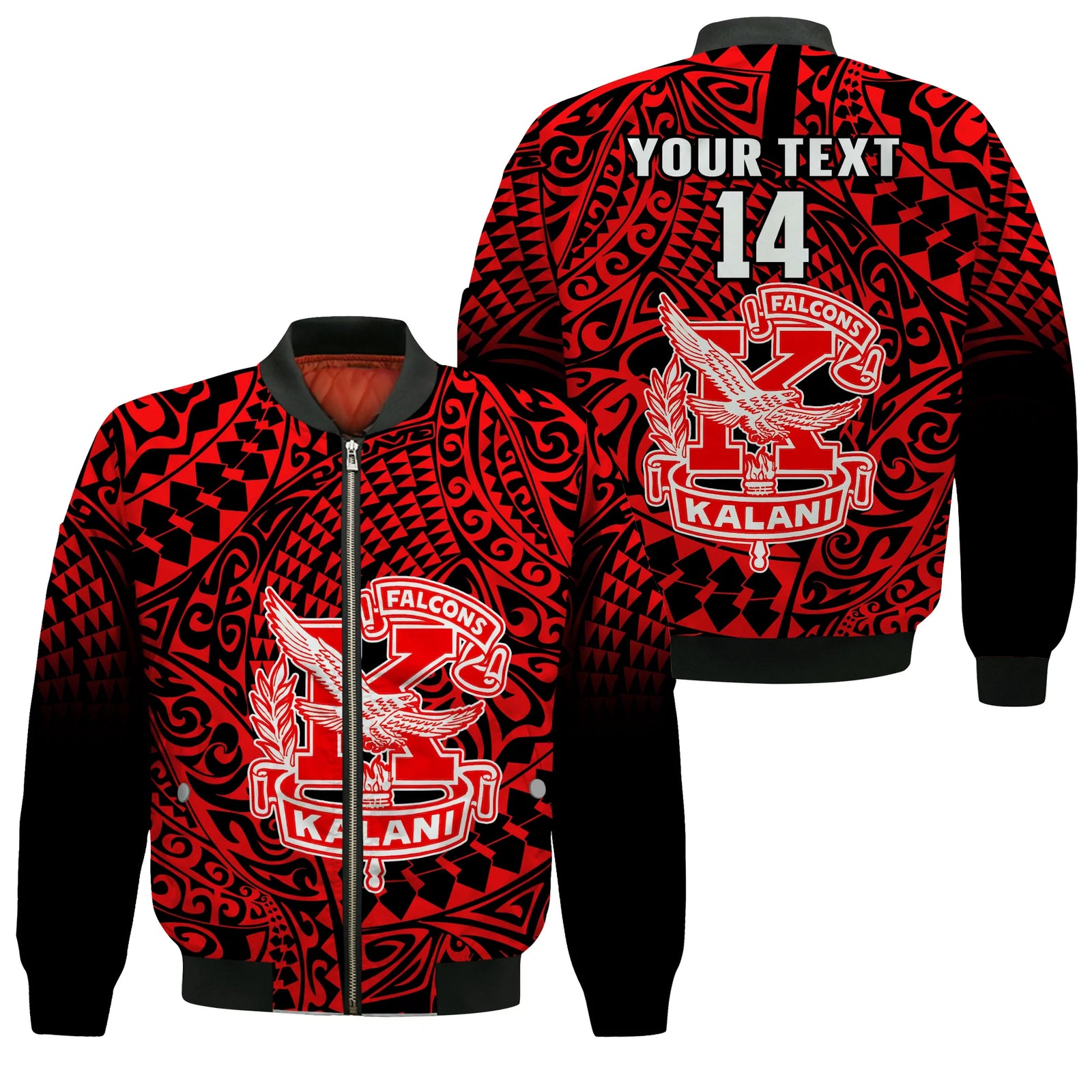 (Custom Text And Number) Hawaii Bomber Jacket Kalani High School Tribal Kakau LT14 Unisex Red - Polynesian Pride