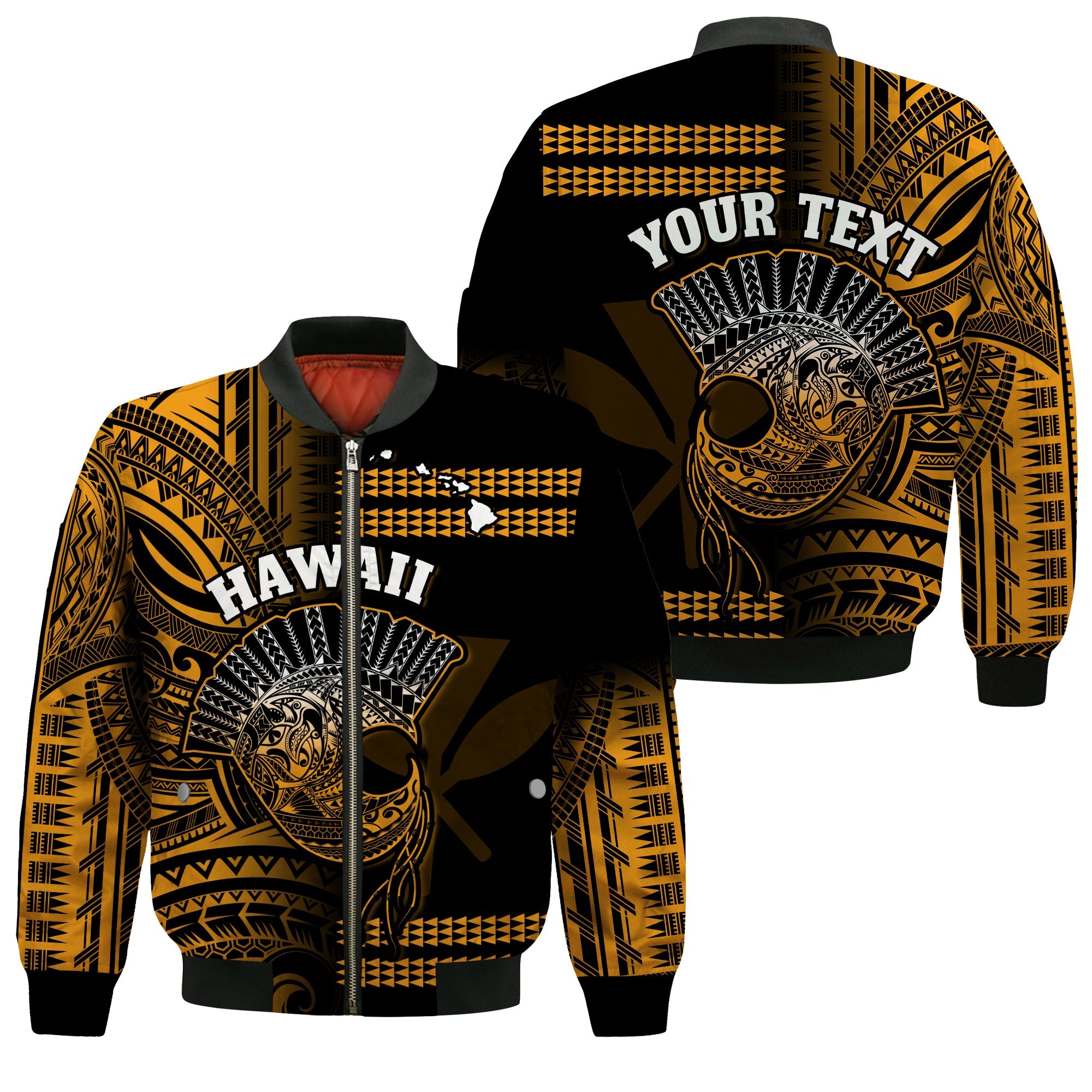 (Custom Personalised) Hawaii Bomber Jacket Kakau Warrior Helmet Gradient Gold Polynesian LT14 Unisex Gold - Polynesian Pride