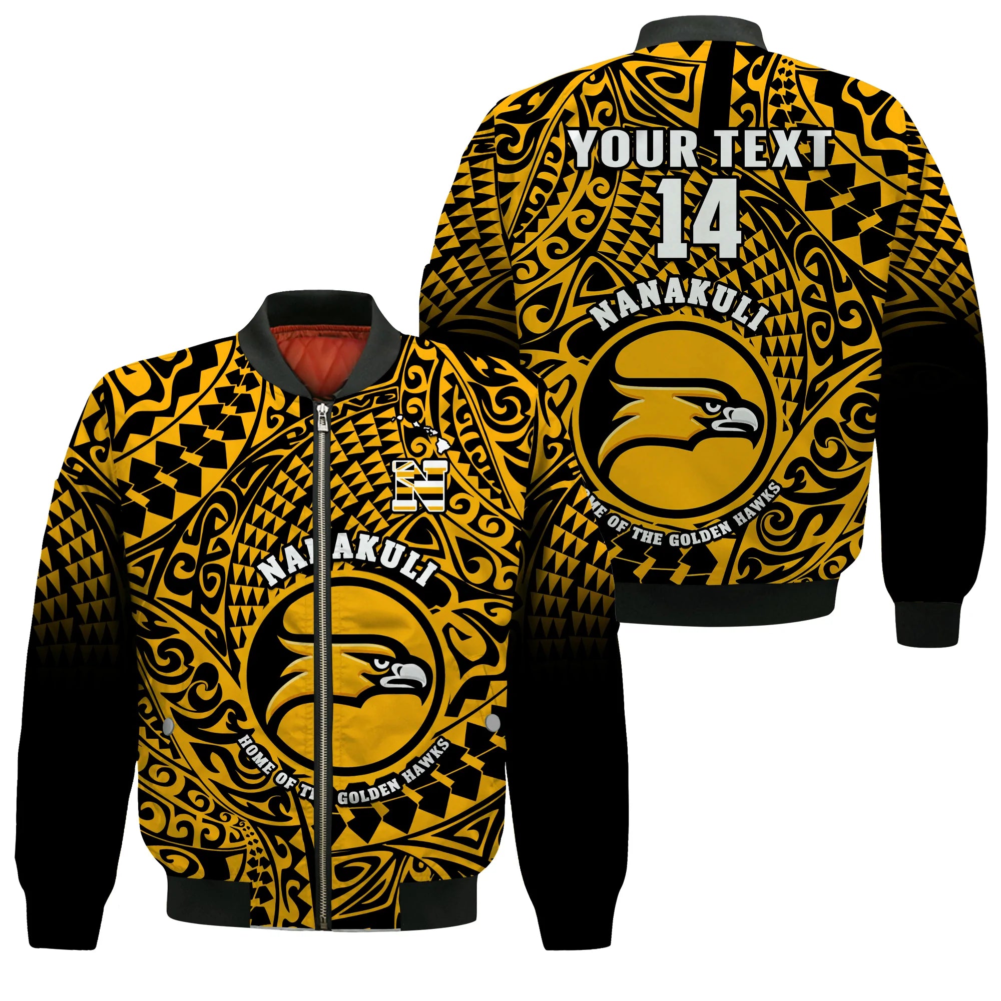 (Custom Text And Number) Hawaii Bomber Jacket Nanakuli High and Intermediate School Tribal Kakau LT14 Unisex Gold - Polynesian Pride